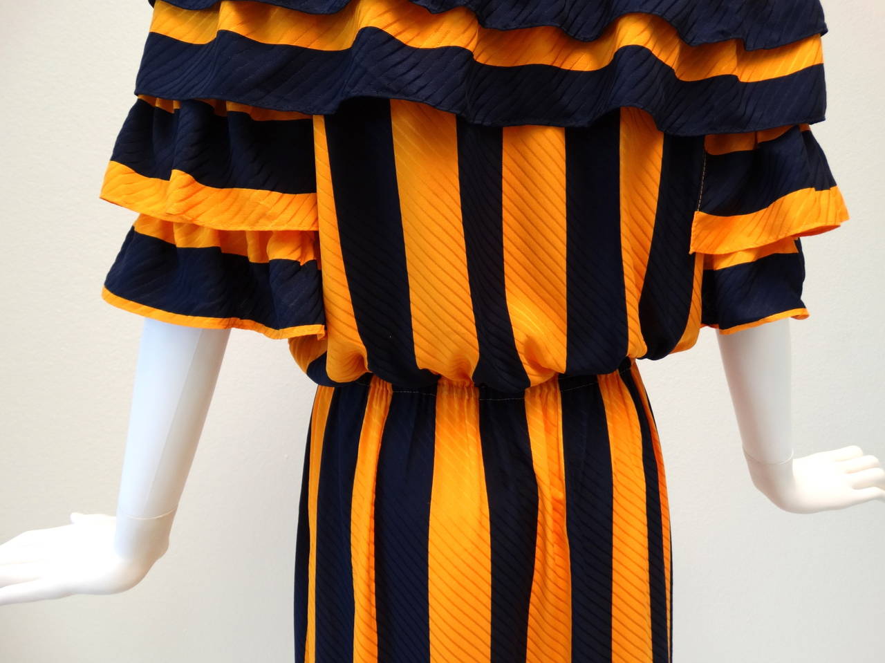 1980s Silk Gideon Oberson Off the Shoulder Navy and Gold Ruffle Dress 3