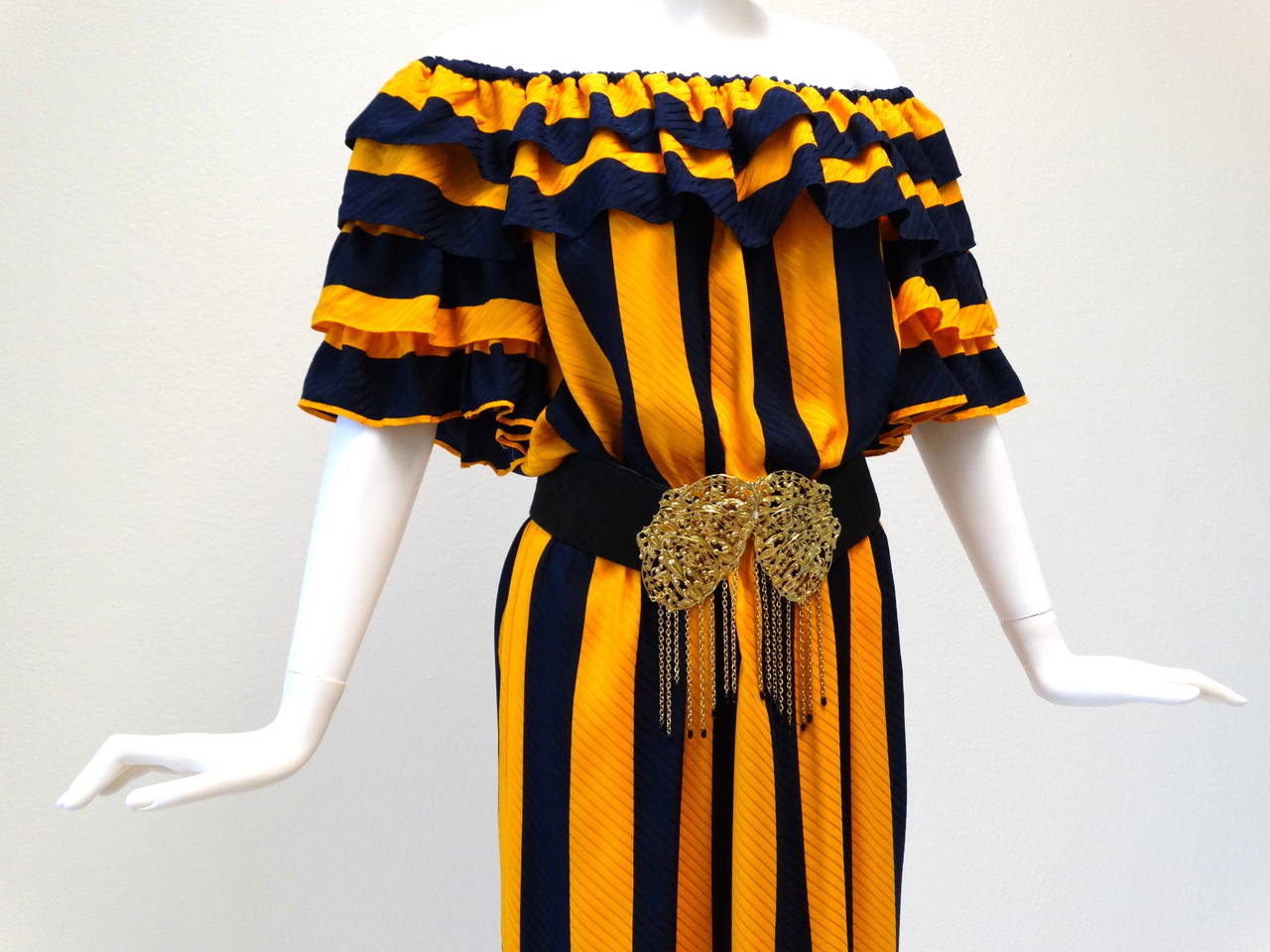 1980s Silk Gideon Oberson Off the Shoulder Navy and Gold Ruffle Dress