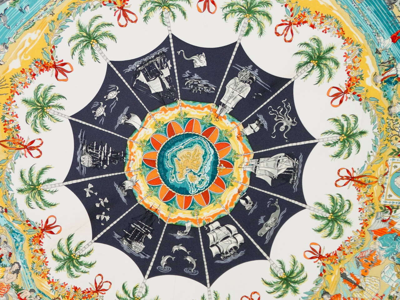 A Beauty! 2009 HERMES Silk Per Astra ad Astra (Through the Stars to the Stars) Scarf 90 in Black. This stunning 100% silk scarf in bright bright colors features a decorative maritime navigational chart and exotic lands. 
This is an excellent scarf,