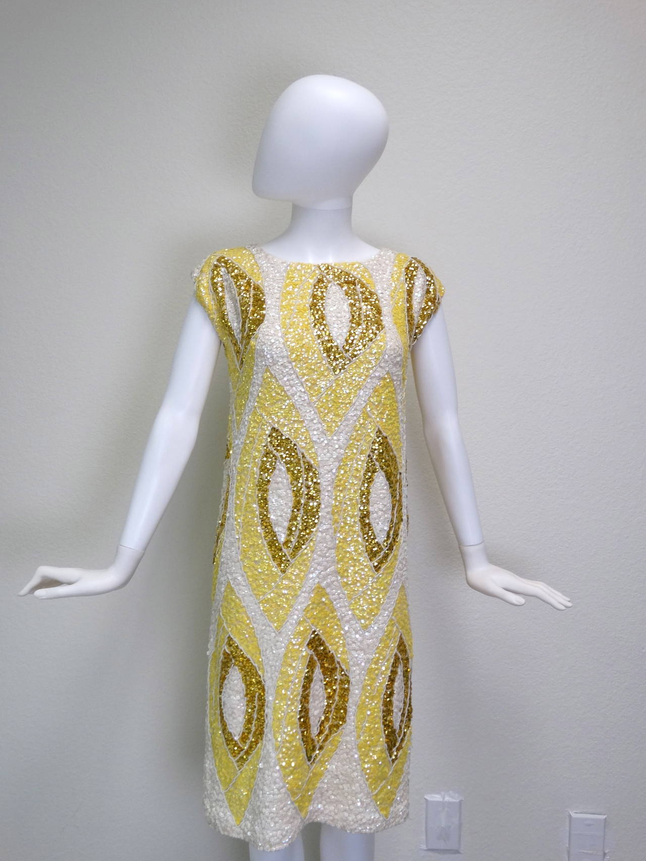 1950s Imperial Metallic-Iridescent Beaded Sequins Shift Cocktail Dress In Excellent Condition In Scottsdale, AZ