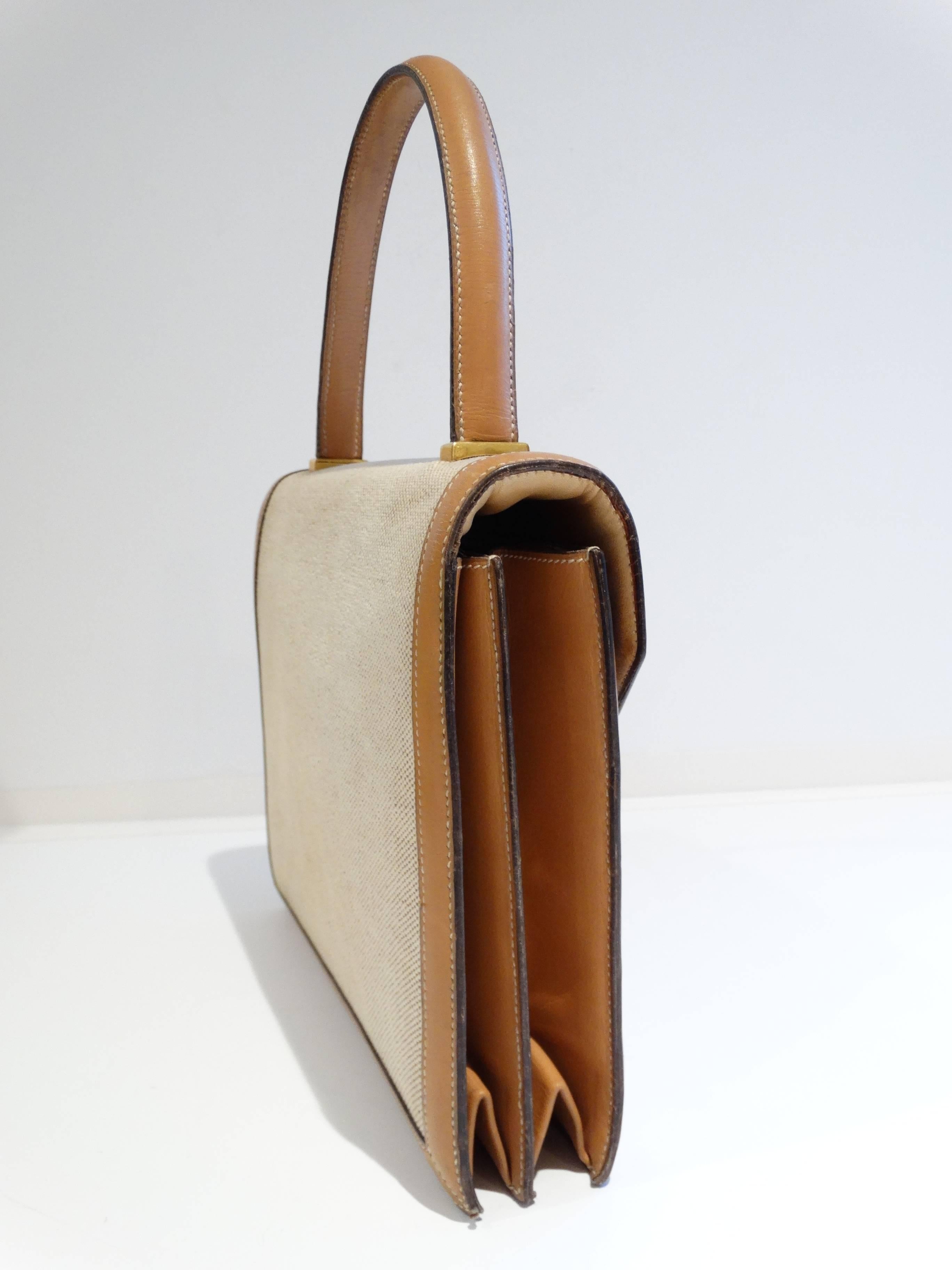 Hermes Tan Canvas Box Leather Top Handle Handbag, 1960s  In Good Condition In Scottsdale, AZ