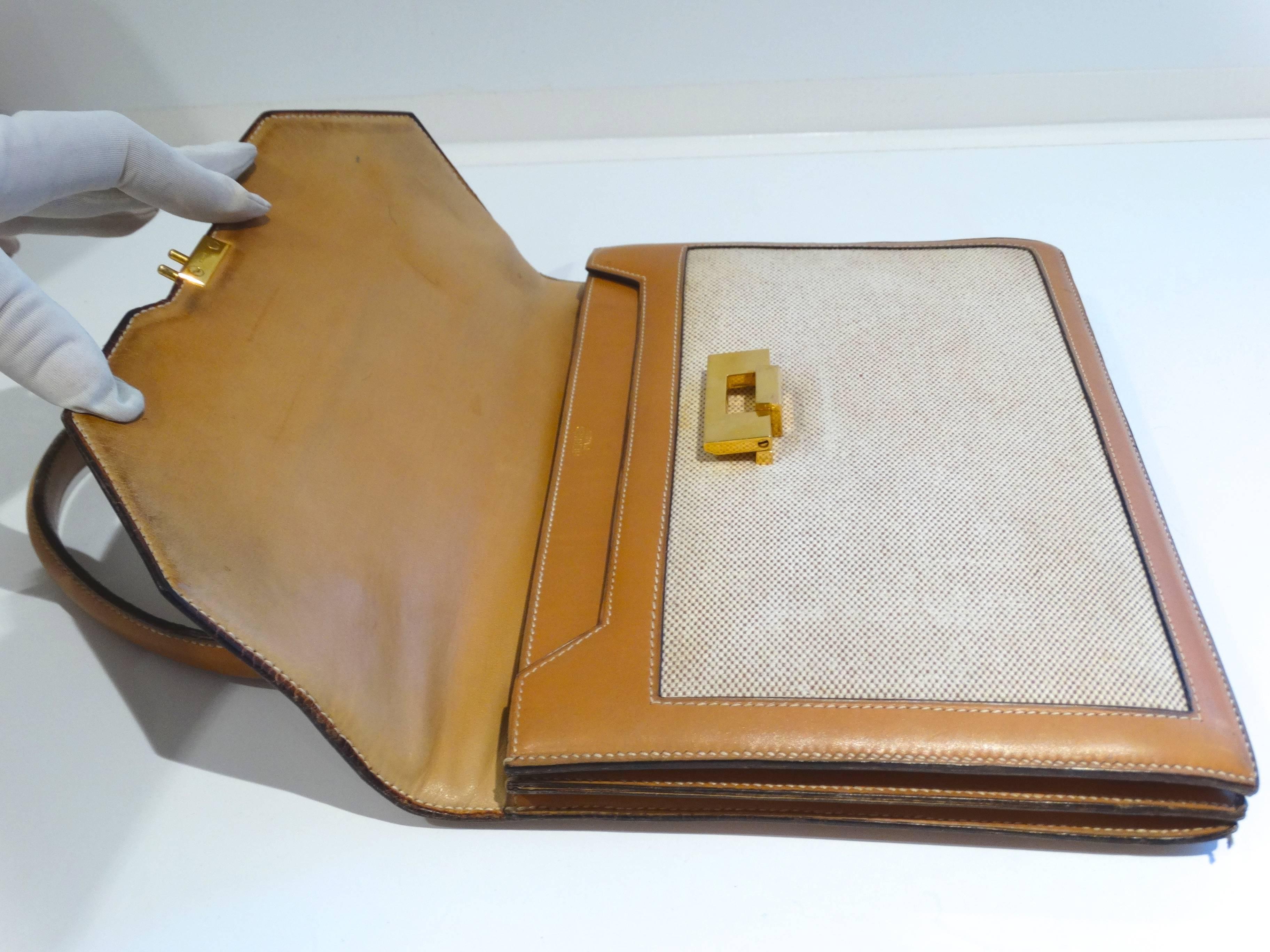 Hermes Tan Canvas Box Leather Top Handle Handbag, 1960s  1