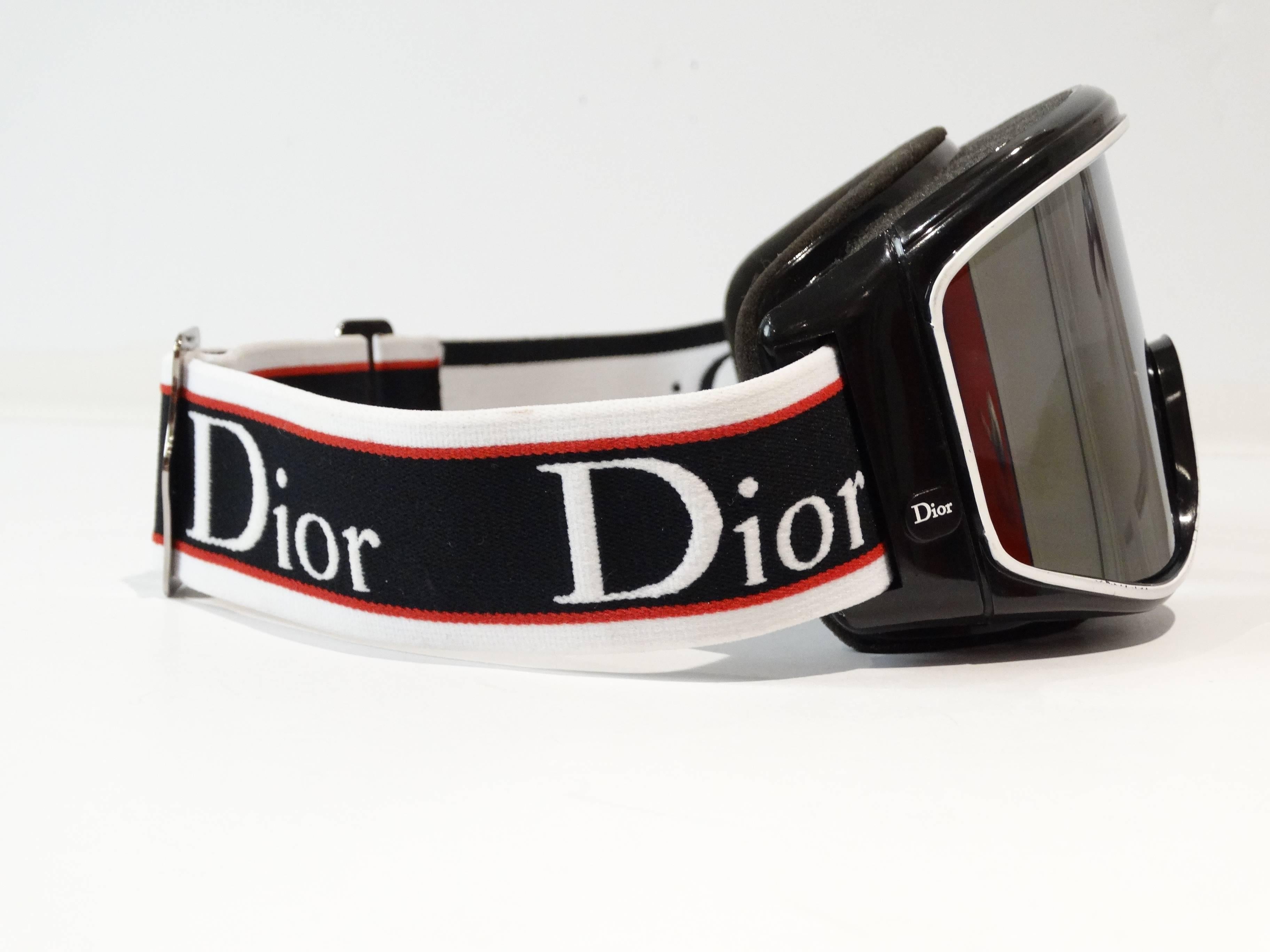 Hitting the slopes this winter?! You may want to add a touch of Dior to your look! Late 80's Christian Dior Sport Ski Goggles with a cool mirrored lens. Back elastic strap is marked Dior and is adjustable. In great condition has a little wear on the