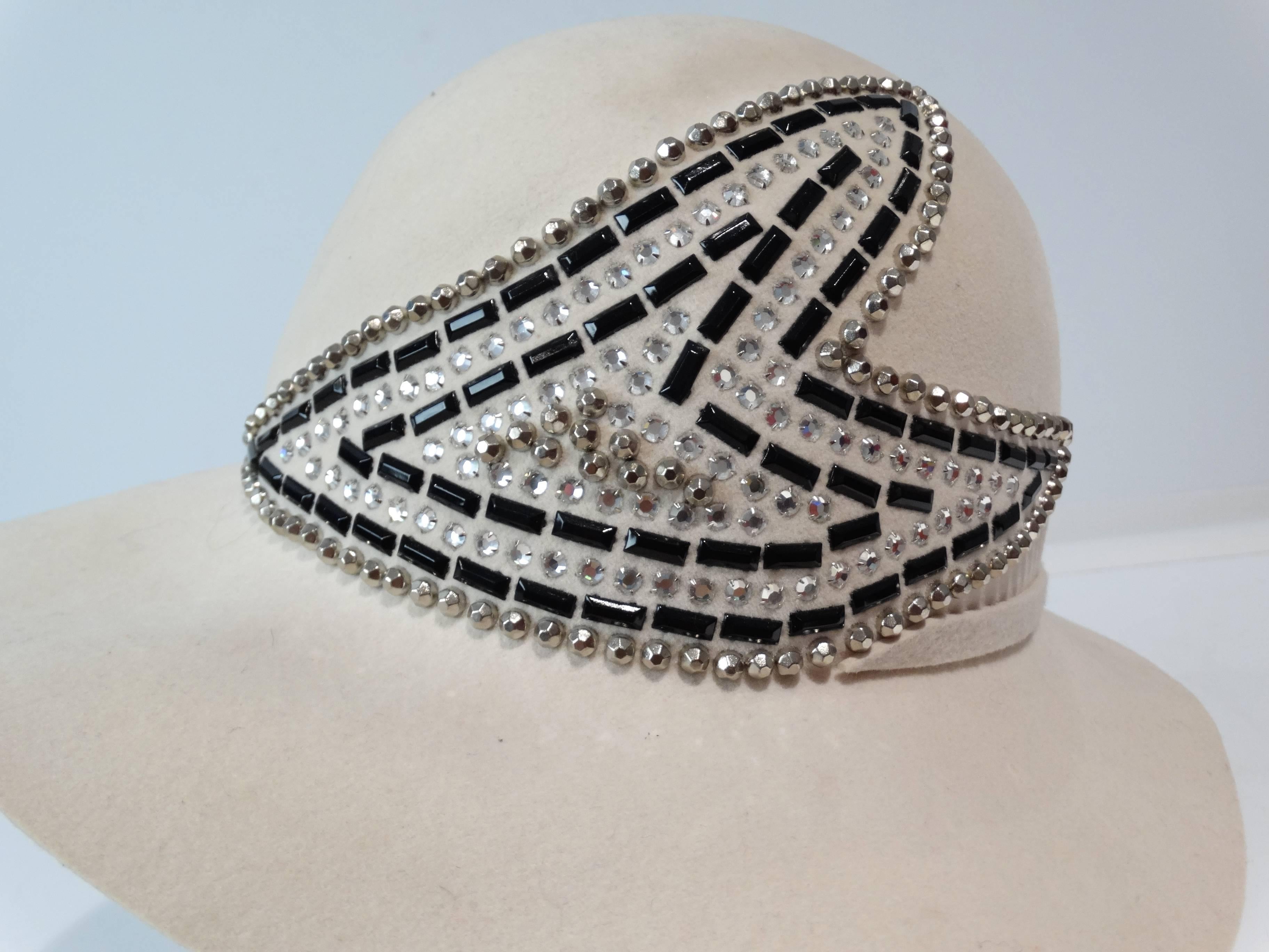 1970's Frank Olive Hat with a Large prong brilliant Rhinestones, Studded Encrusted 