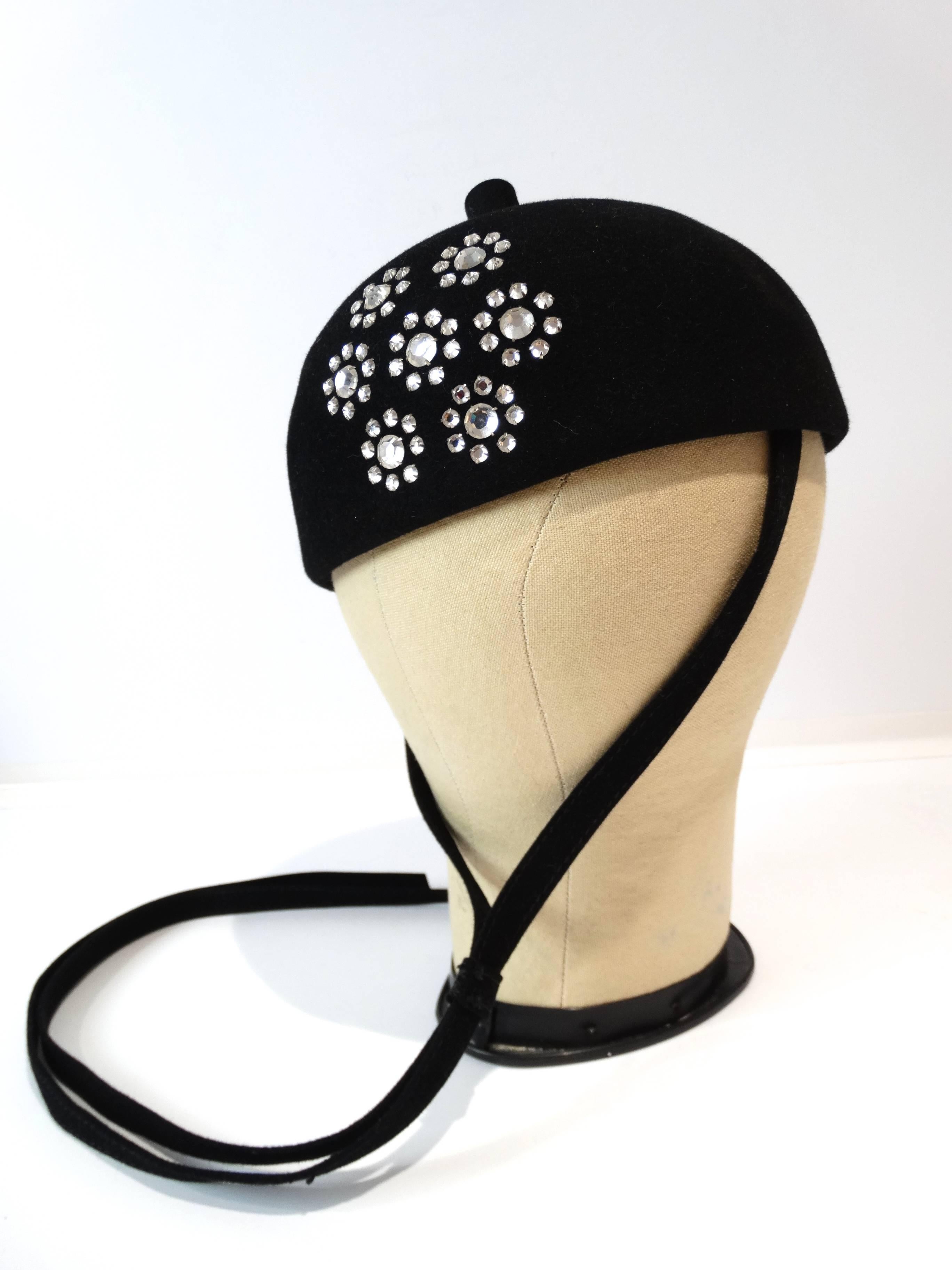 Black 1960s Adolfo II Beret Hat with Floral Crystal Pattern