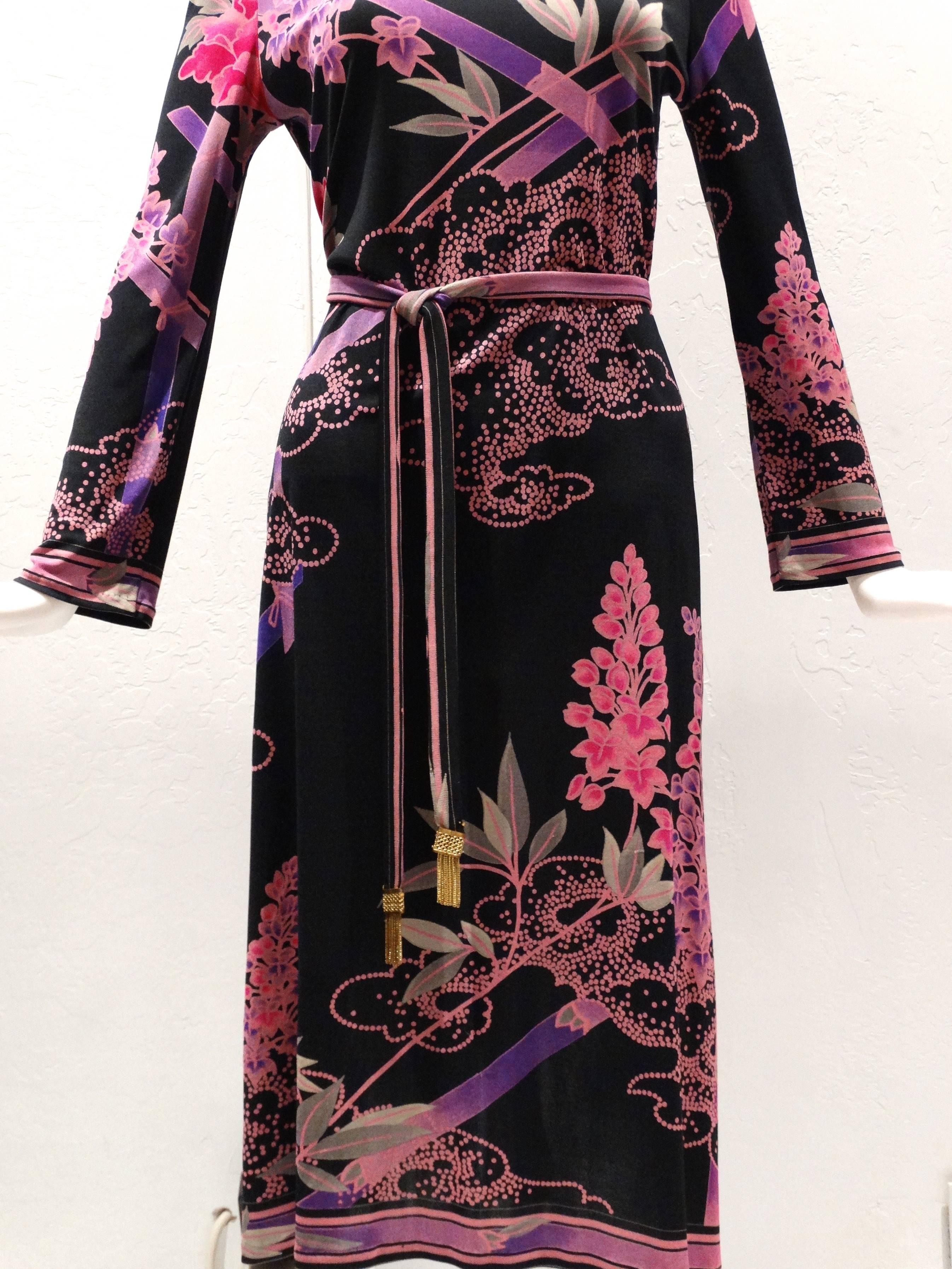 1970s Leonard Paris Silk Jersey Dress with Tassle Belt In Excellent Condition In Scottsdale, AZ