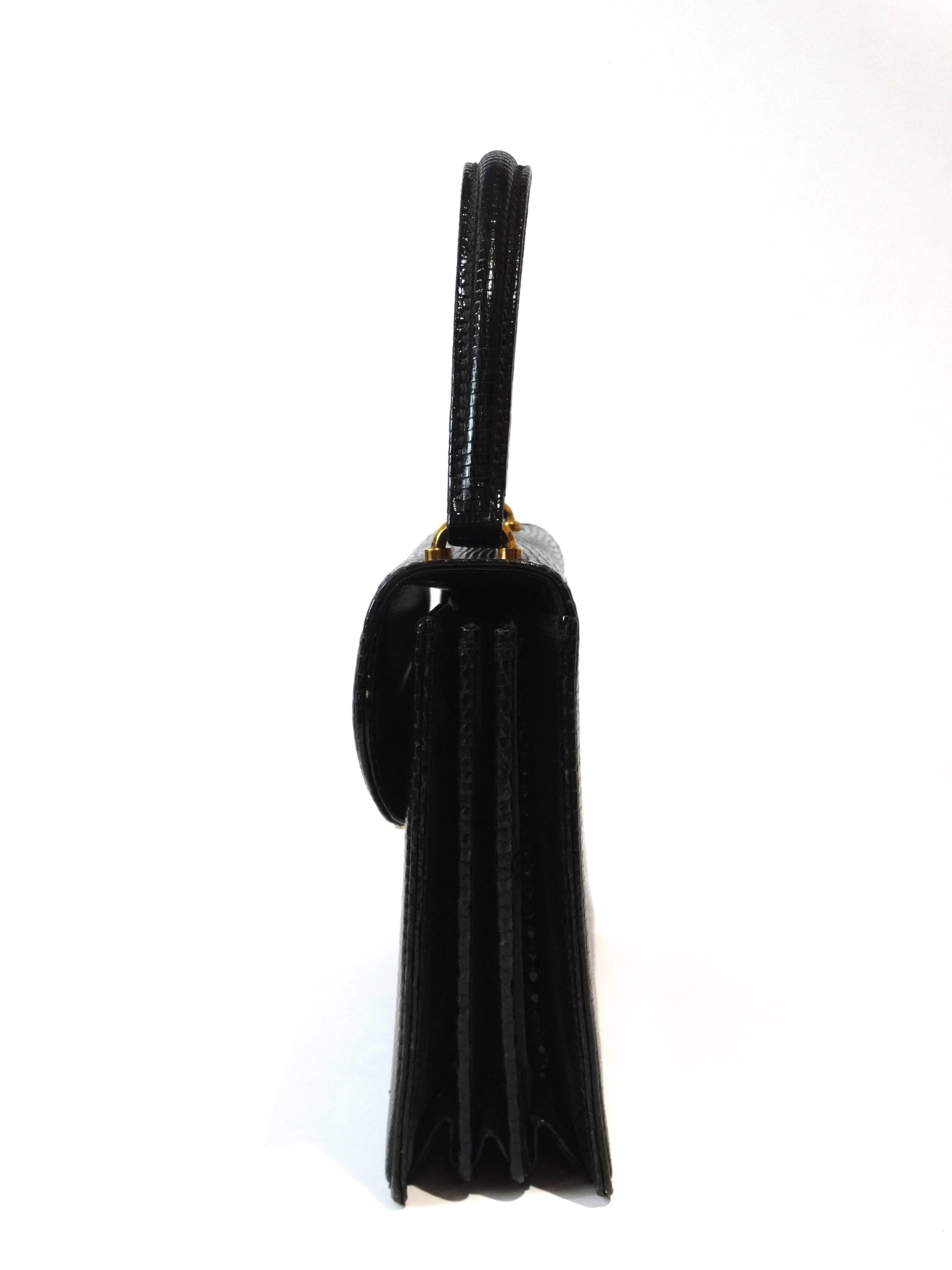 1970s Gucci Black Lizard Box Top Handle Bag 3