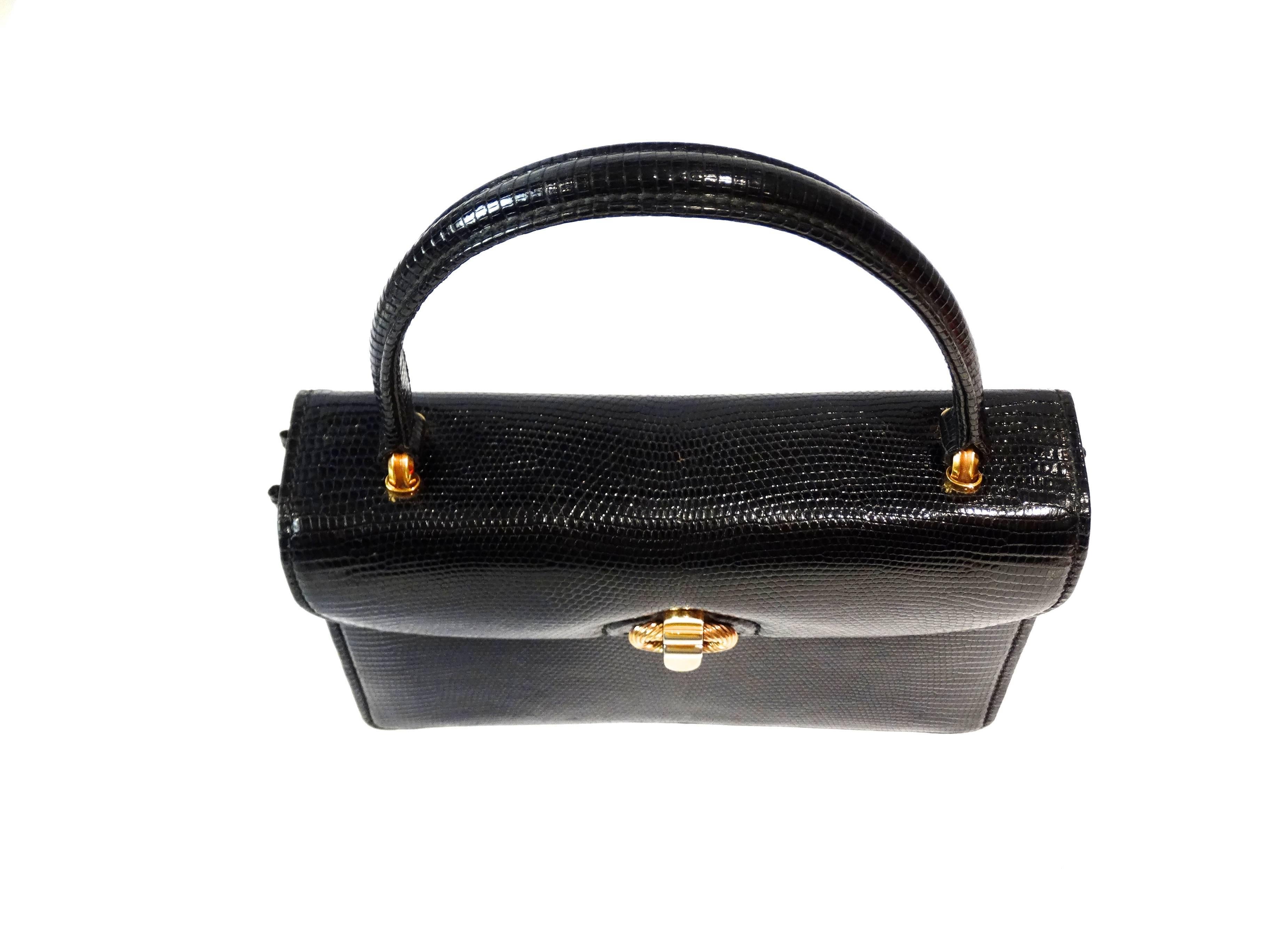 1970s Gucci Black Lizard Box Top Handle Bag 4