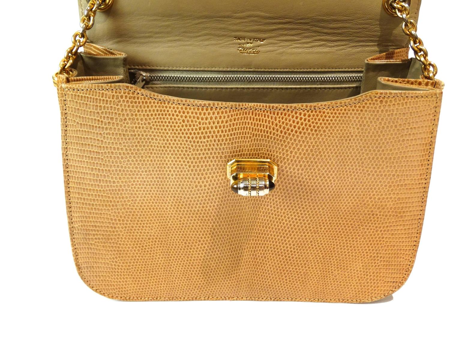 1970s Gucci Lizard Skin &quot;Tiger Eye&quot; Handbag with Gold Chain at 1stdibs
