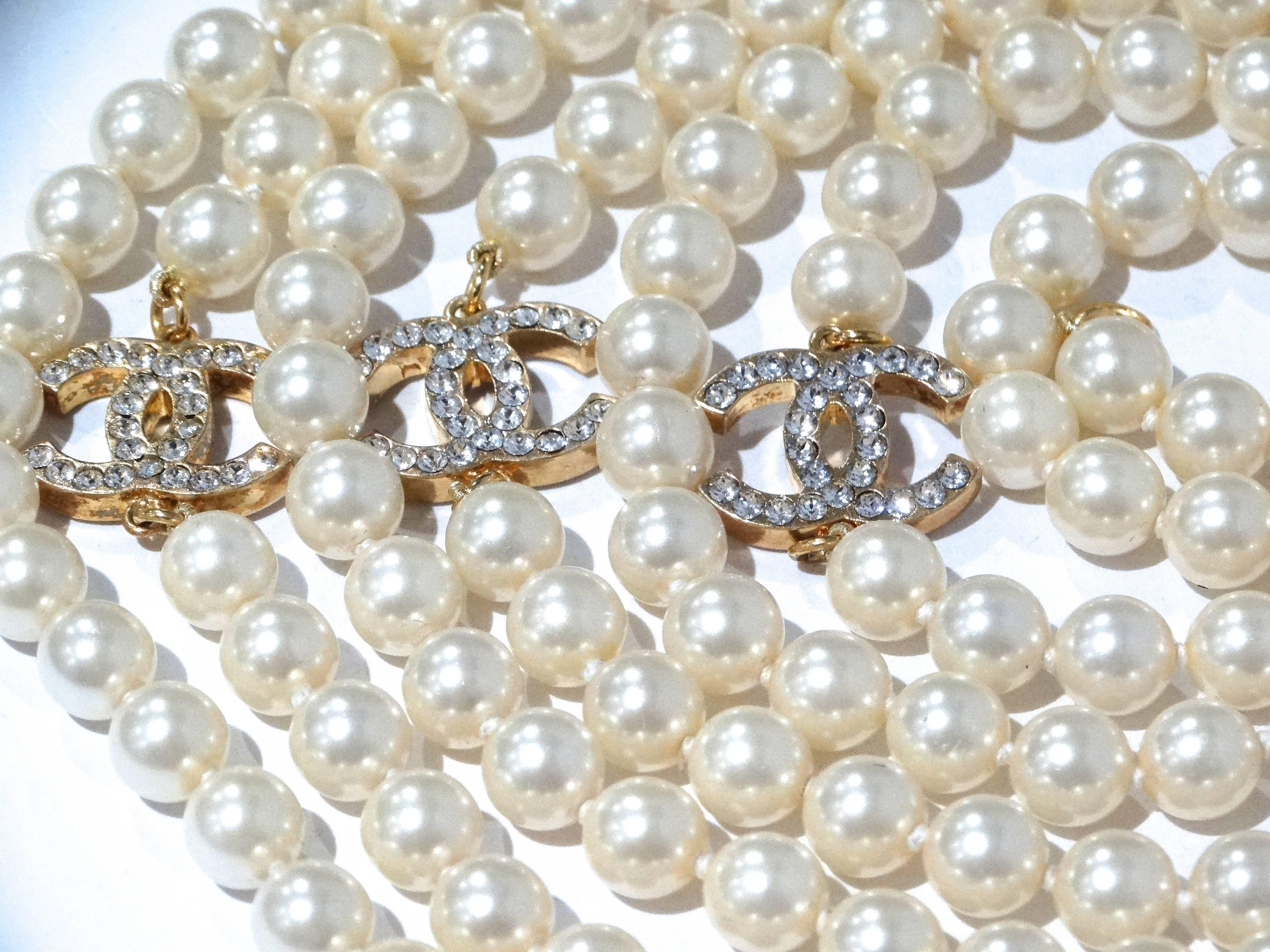 Vintage Chanel 5CC Pearl Necklace with Rhinestones 3