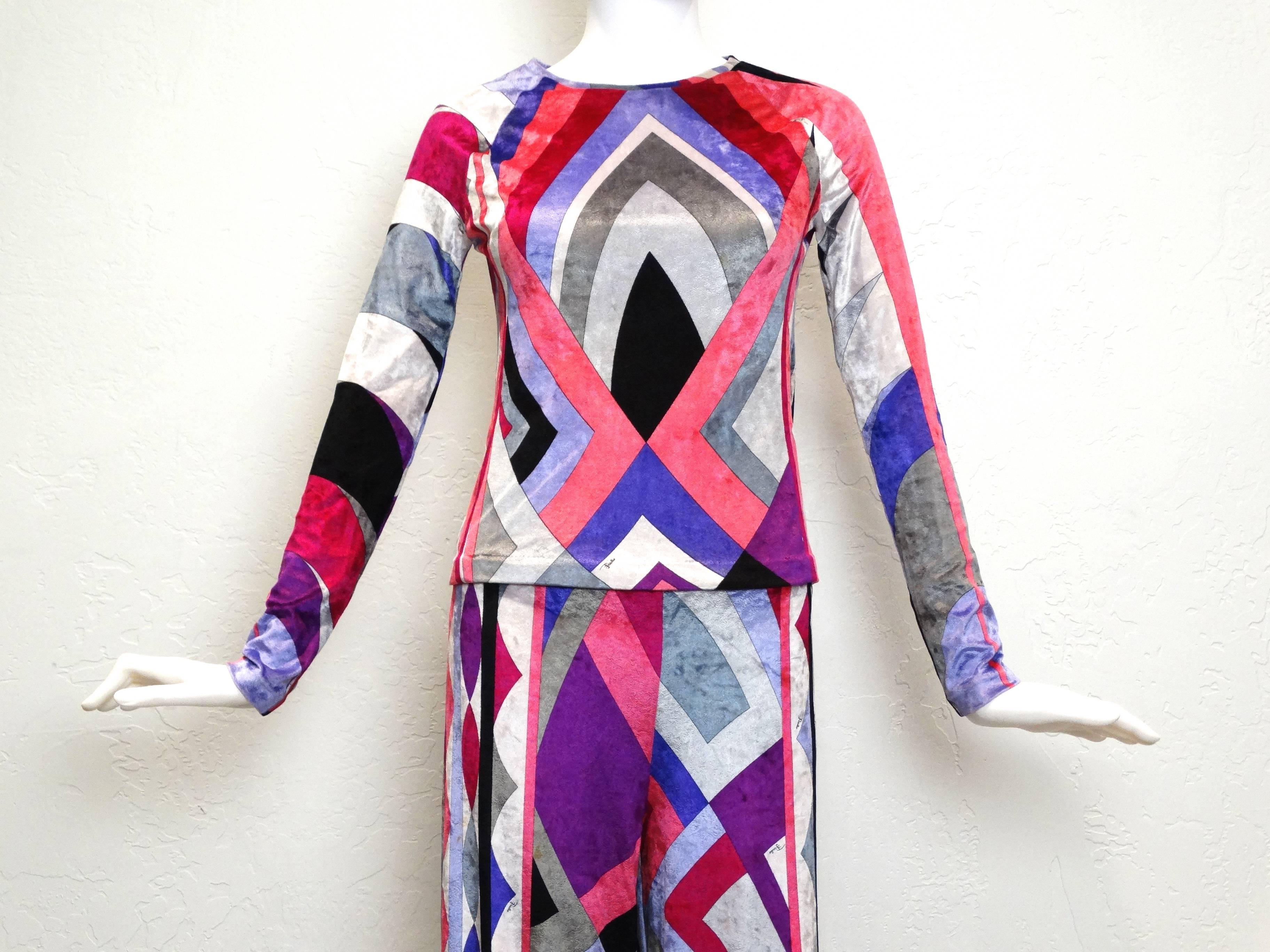 Late 1990's Emilio Pucci Firenze velveteen 2 piece top and pant suit, colorful abstract print in purples, pinks, white, black and grey. Could be worn together or separately. If you would like additional images please request.