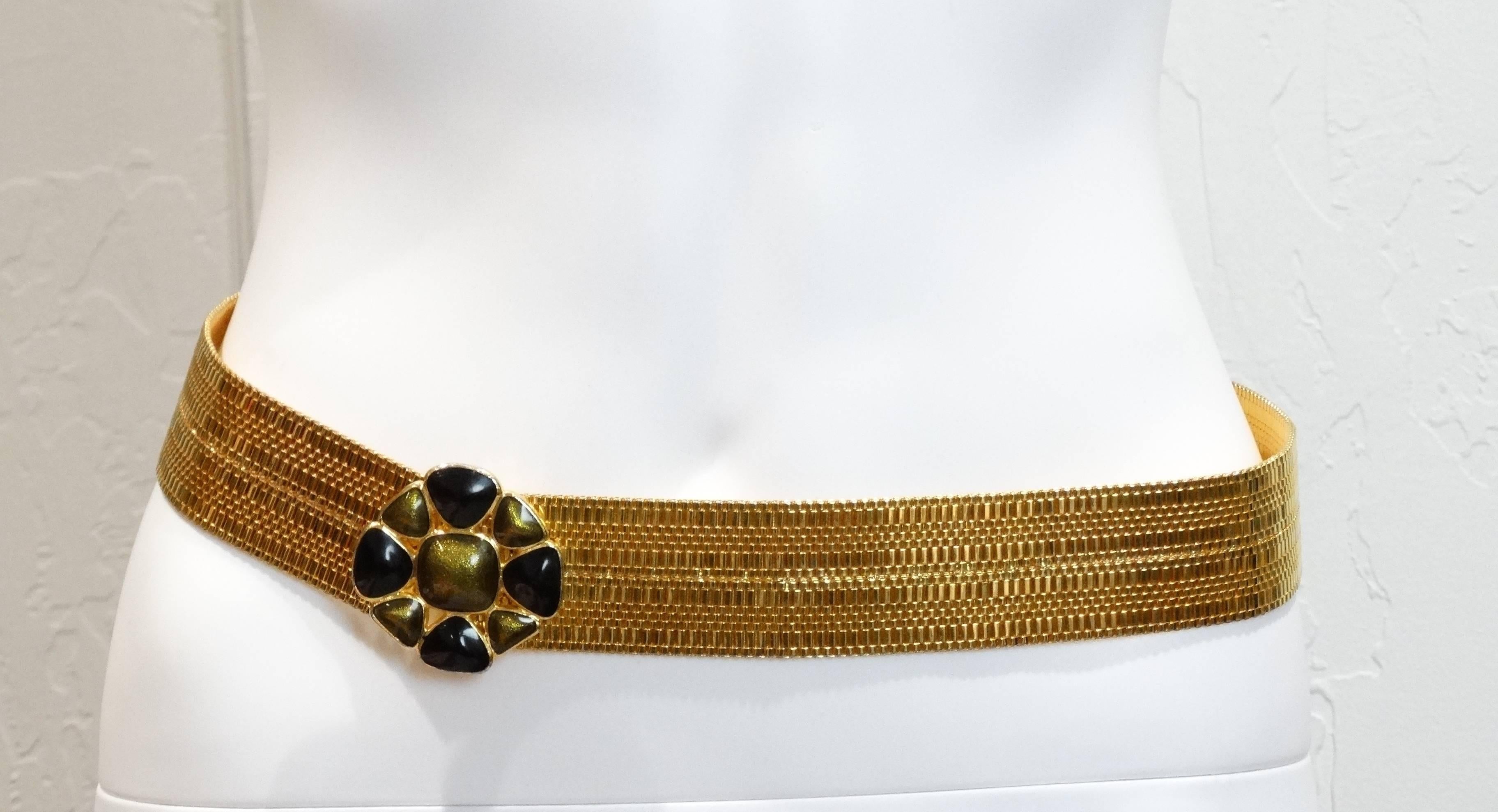 Brown 1980's Gold Mesh Belt with Enamel Pendent