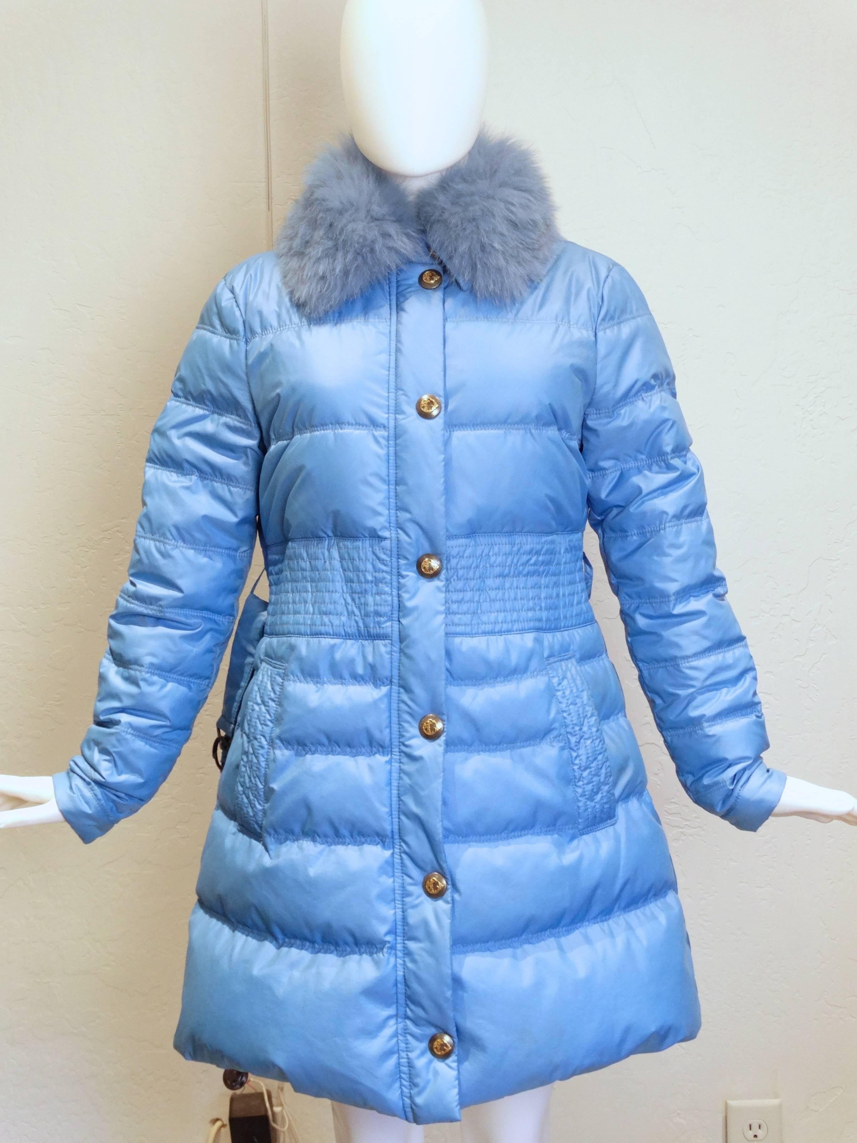 Blue 2013 Versace Collection Puffer Jacket with Fur Collar 