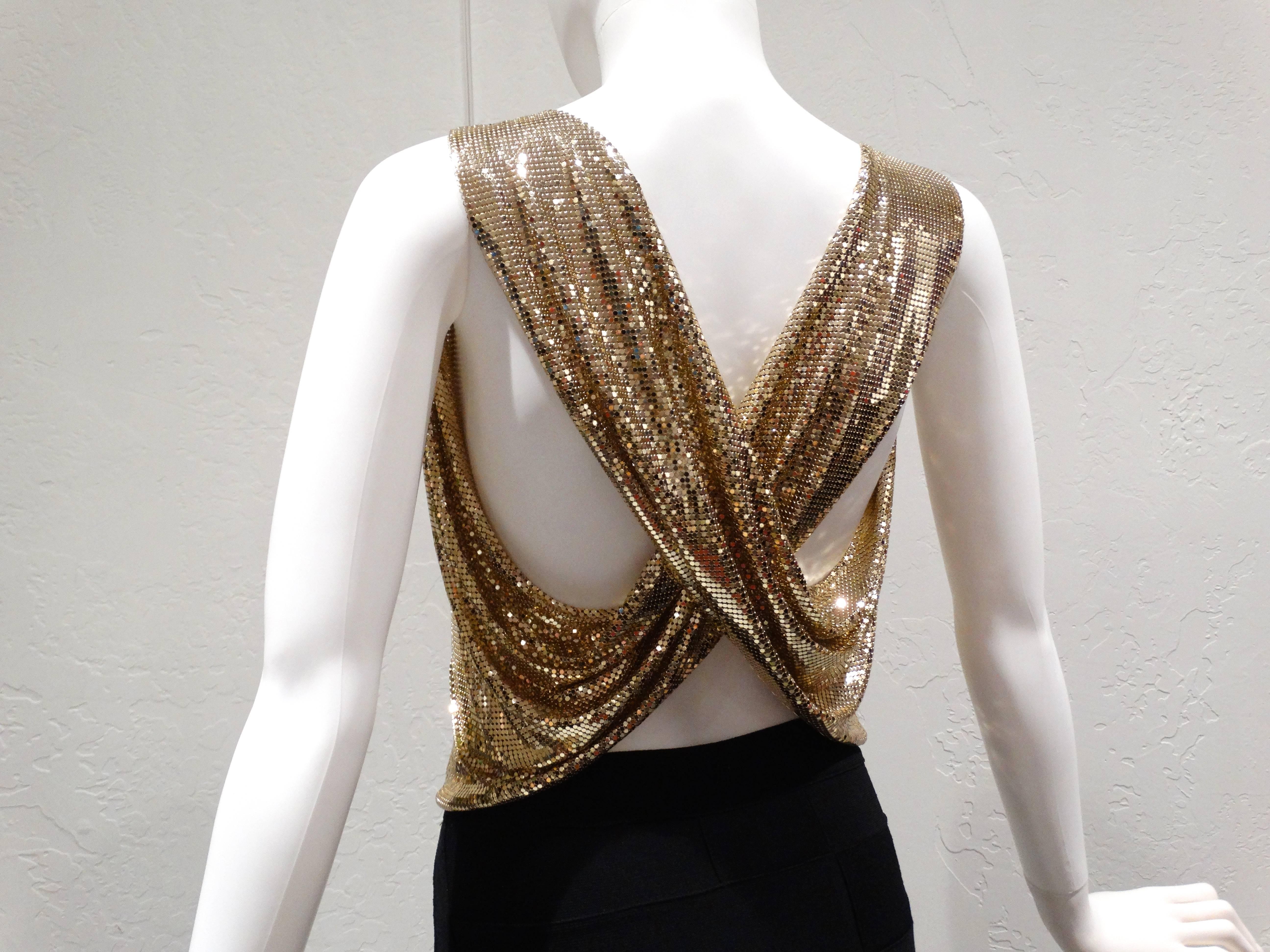 Beautiful Whiting & Davis gold mesh sleeveless top with the most incredible draping in front, back criss crosses. The top has a beautiful drape to it and it is held on by shoulder straps. As with all these W&D mesh tops, it is quite heavy and very