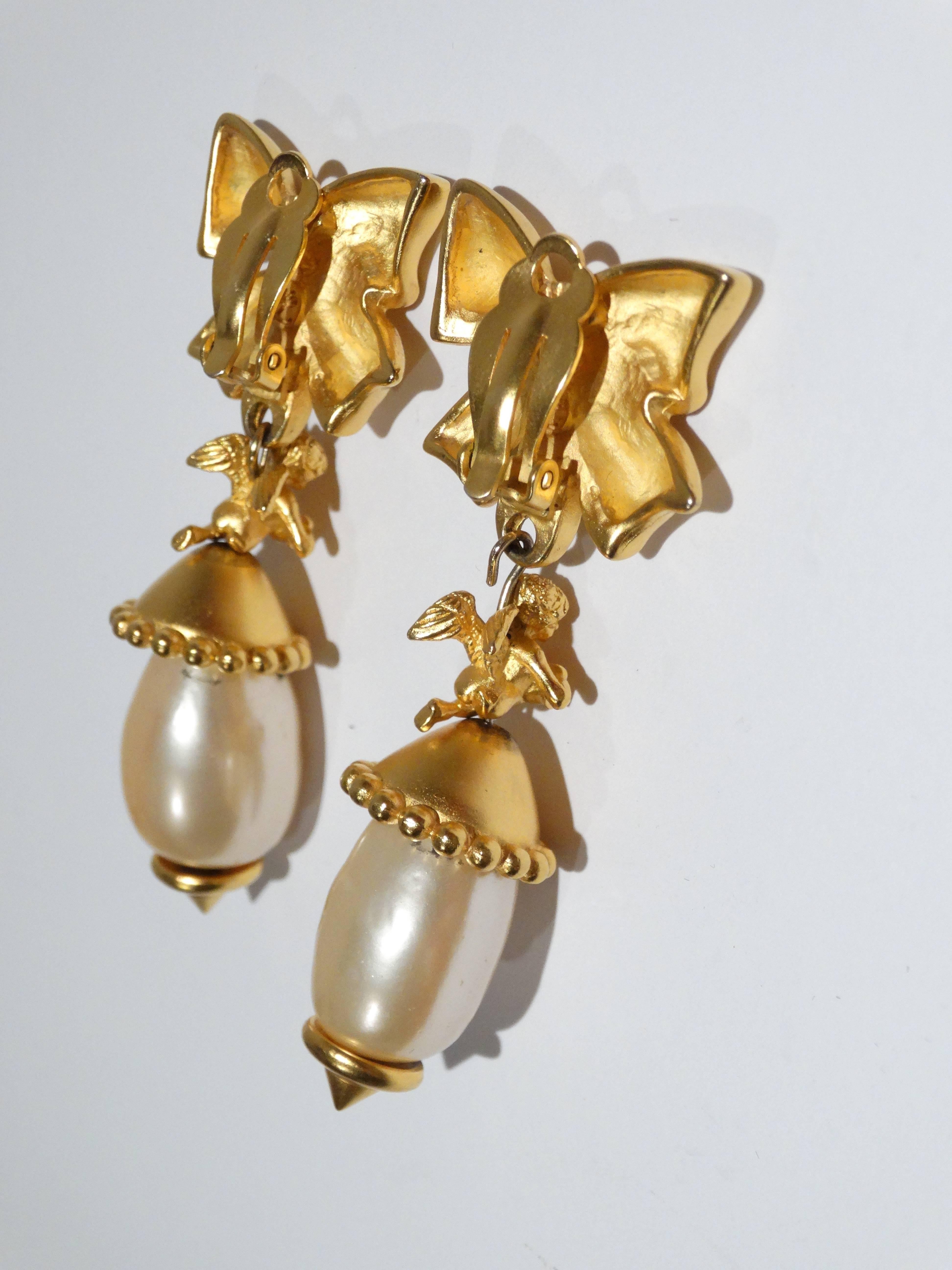 1980s Karl Lagerfeld Cherub Bow Pearl Earrings  In Excellent Condition In Scottsdale, AZ