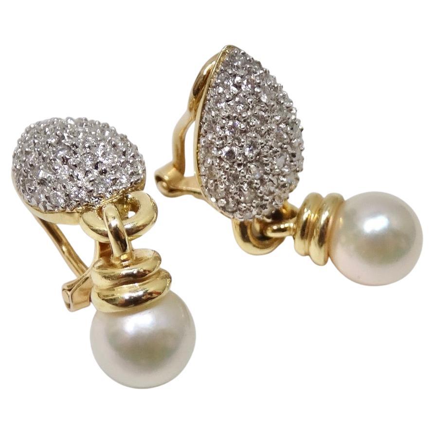 Diamond Freshwater Pearl Drop Earrings 14K Gold In Excellent Condition In Scottsdale, AZ