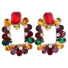 Boucles d'oreilles à clip en strass multicolore des années 1980