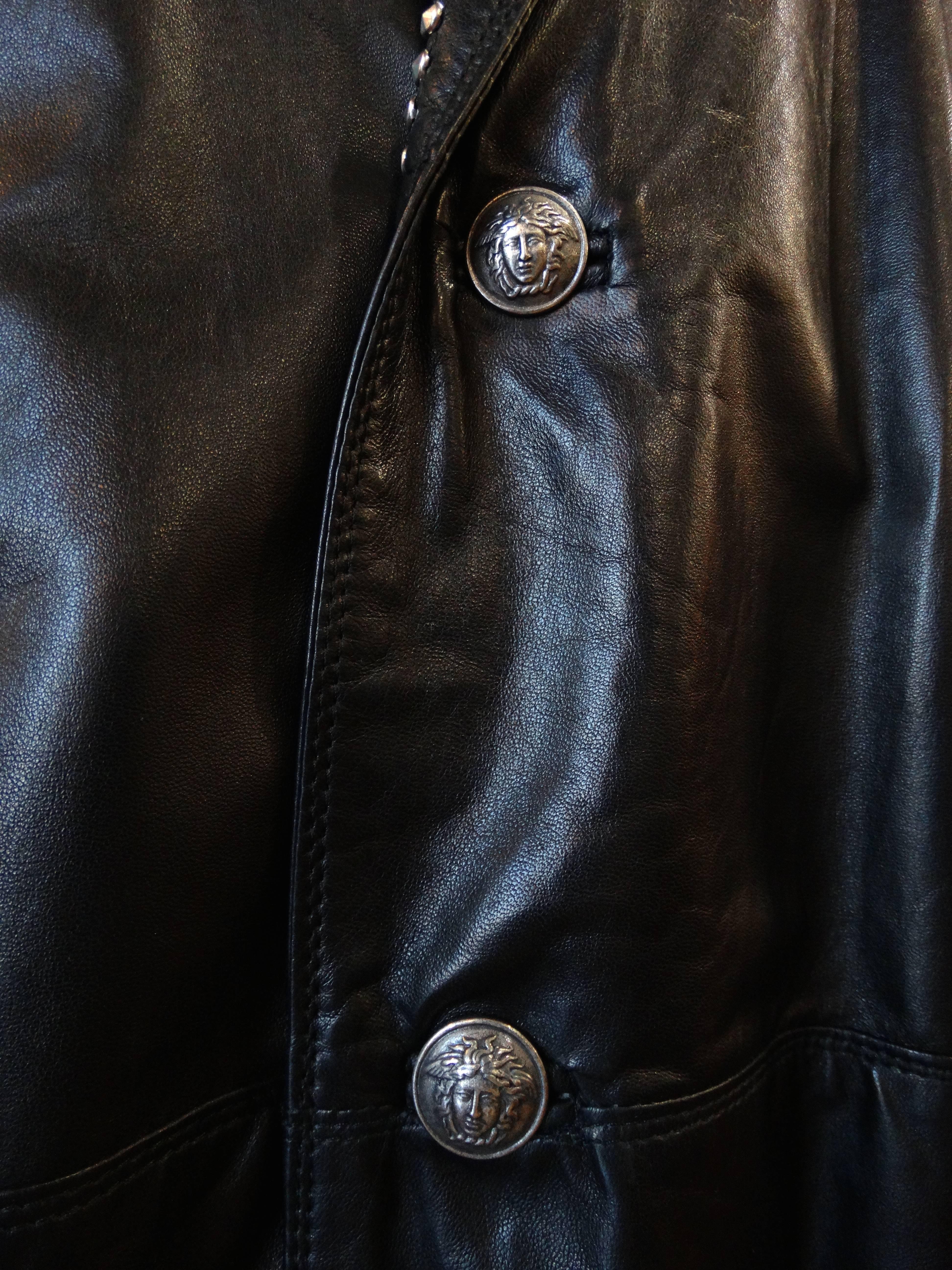 Gianni Versace Couture Black studded Greek Key Leather Jacket, 1992  3