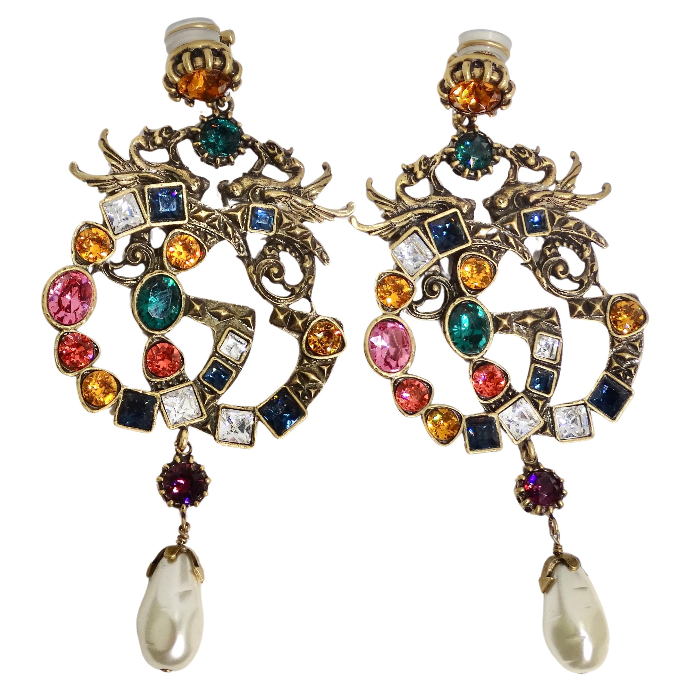 Gucci Multicolor Crystal Faux Pearl Logo Earrings For Sale