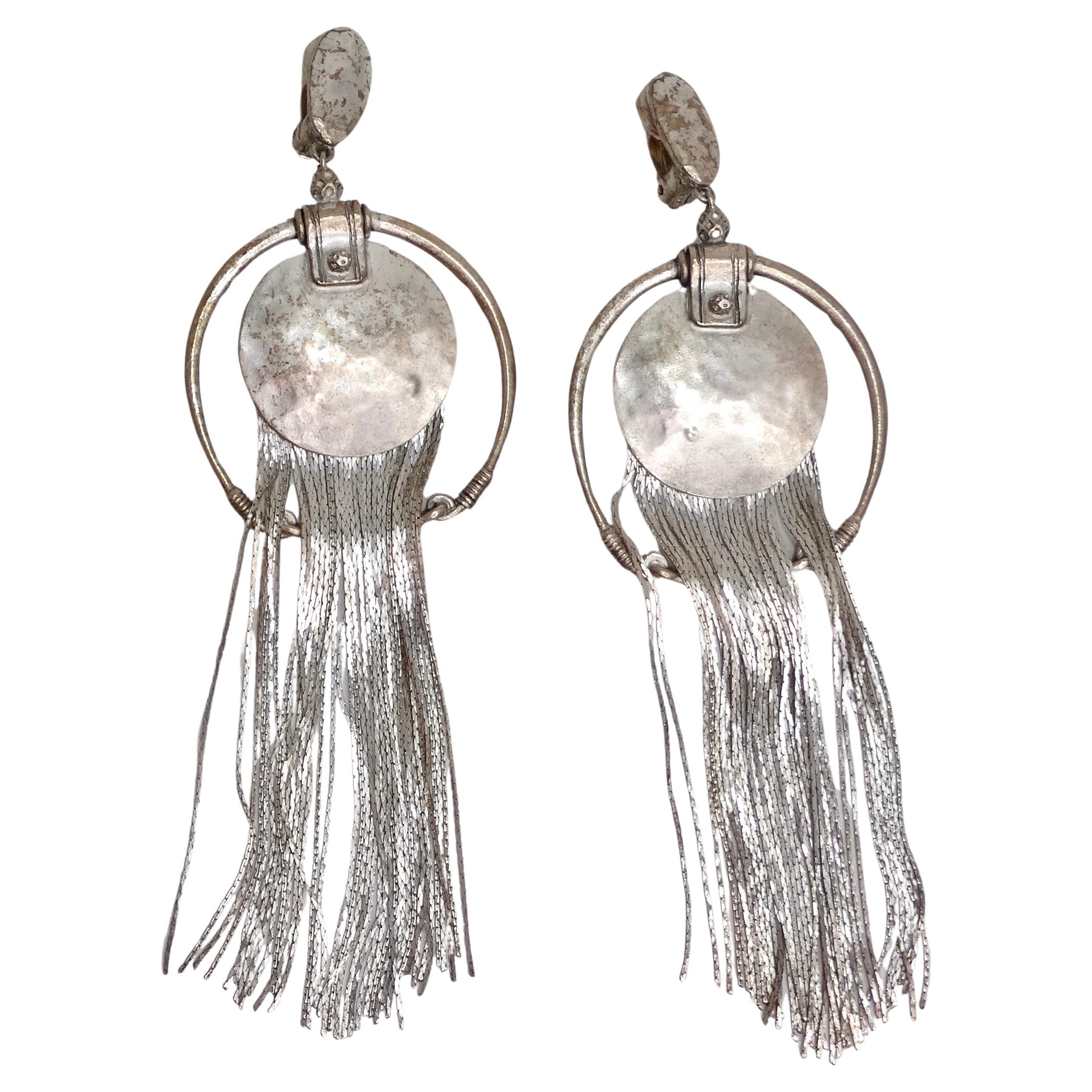 Jean Paul Gaultier 1990s Silver Fringe Hoop Dangle Earrings For Sale