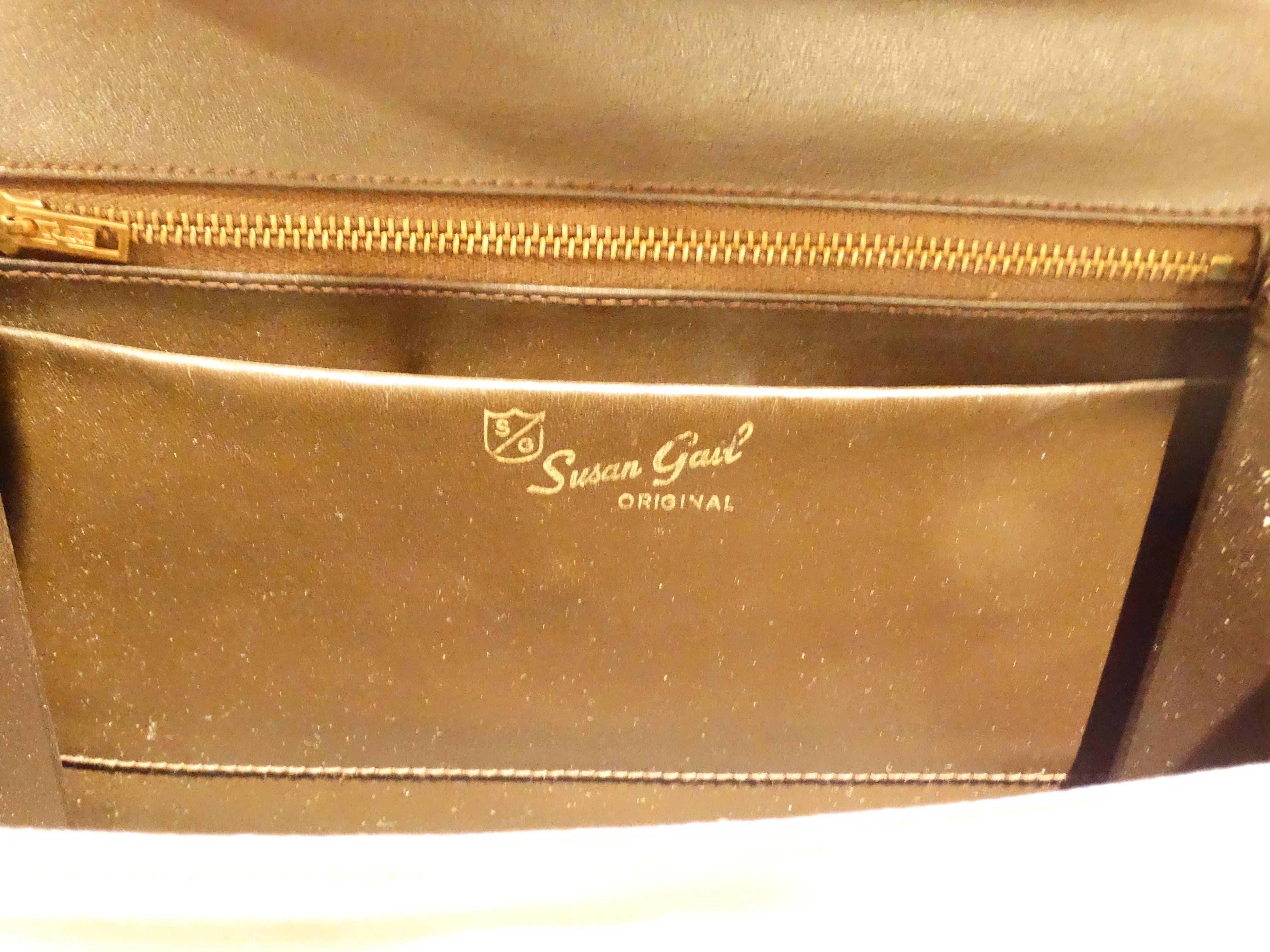 Brown 1950s Gorgeous Susan Gail Handbag with Embellished Wood Handle