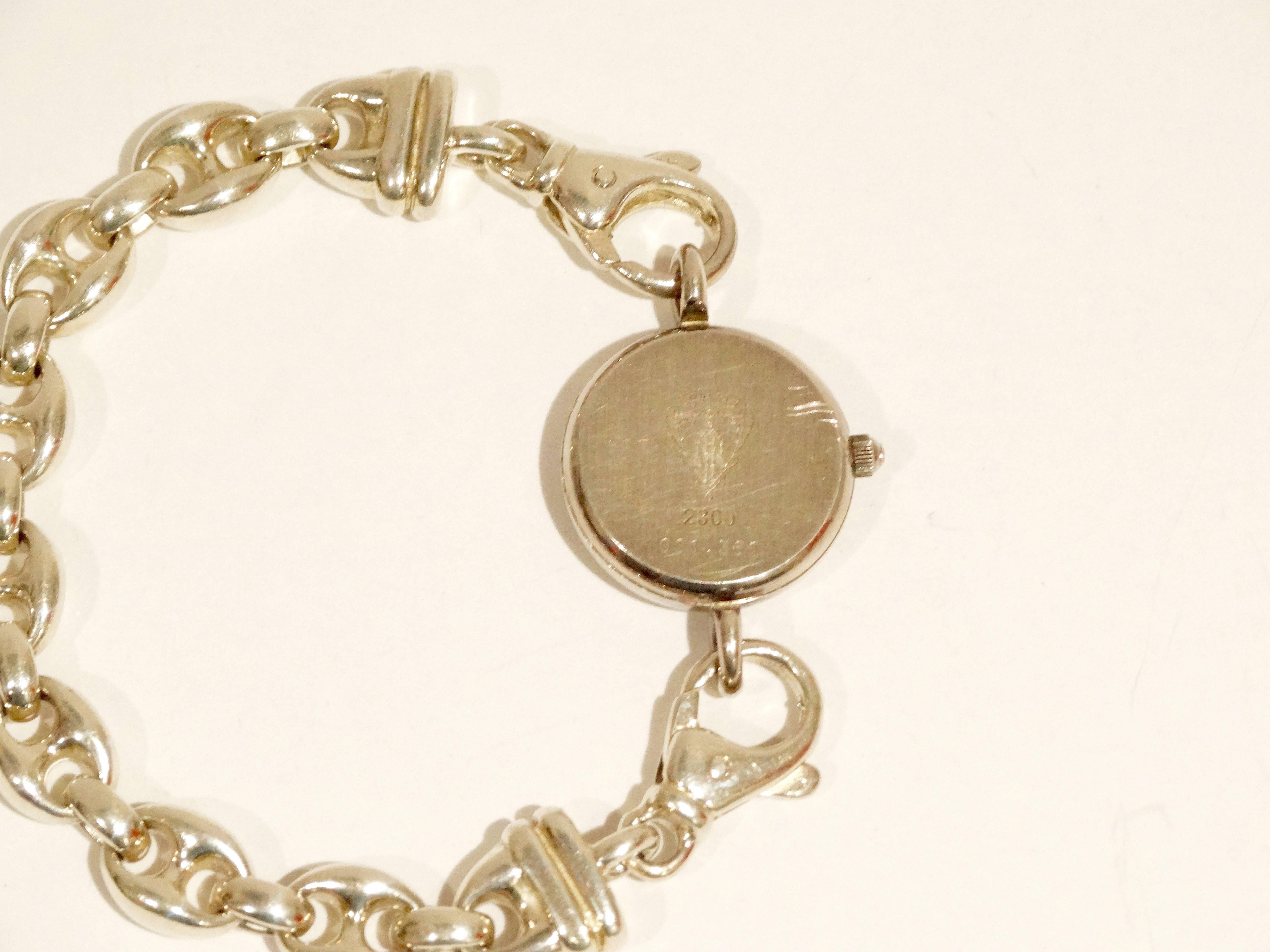 Women's 1980s Gucci Sterling Silver Mother of Pearl Watch with Silver Gucci Charm