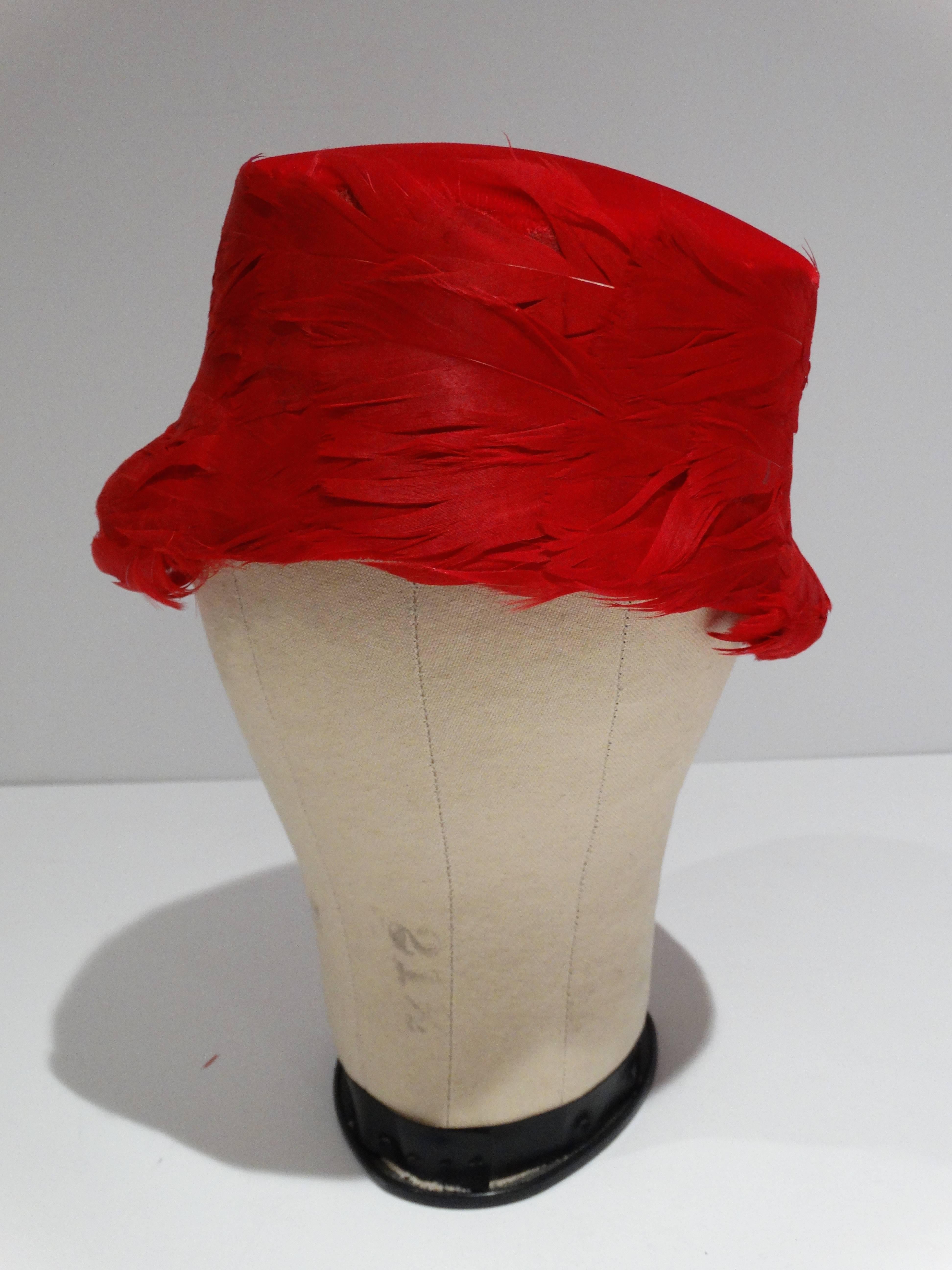 Women's 1950s Clover Lane Red Feathered Hat 