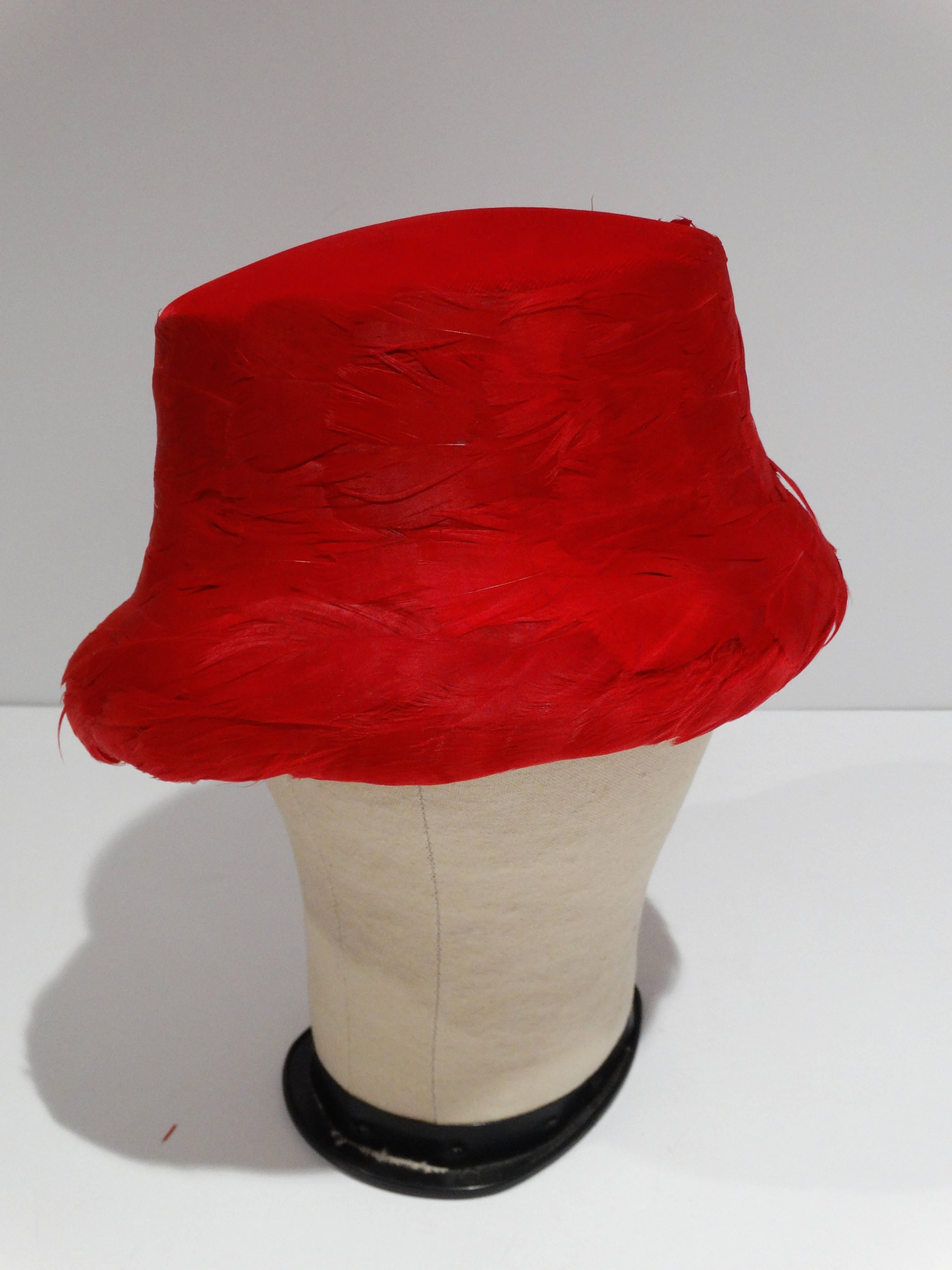 1950s Clover Lane Red Feathered Hat  4