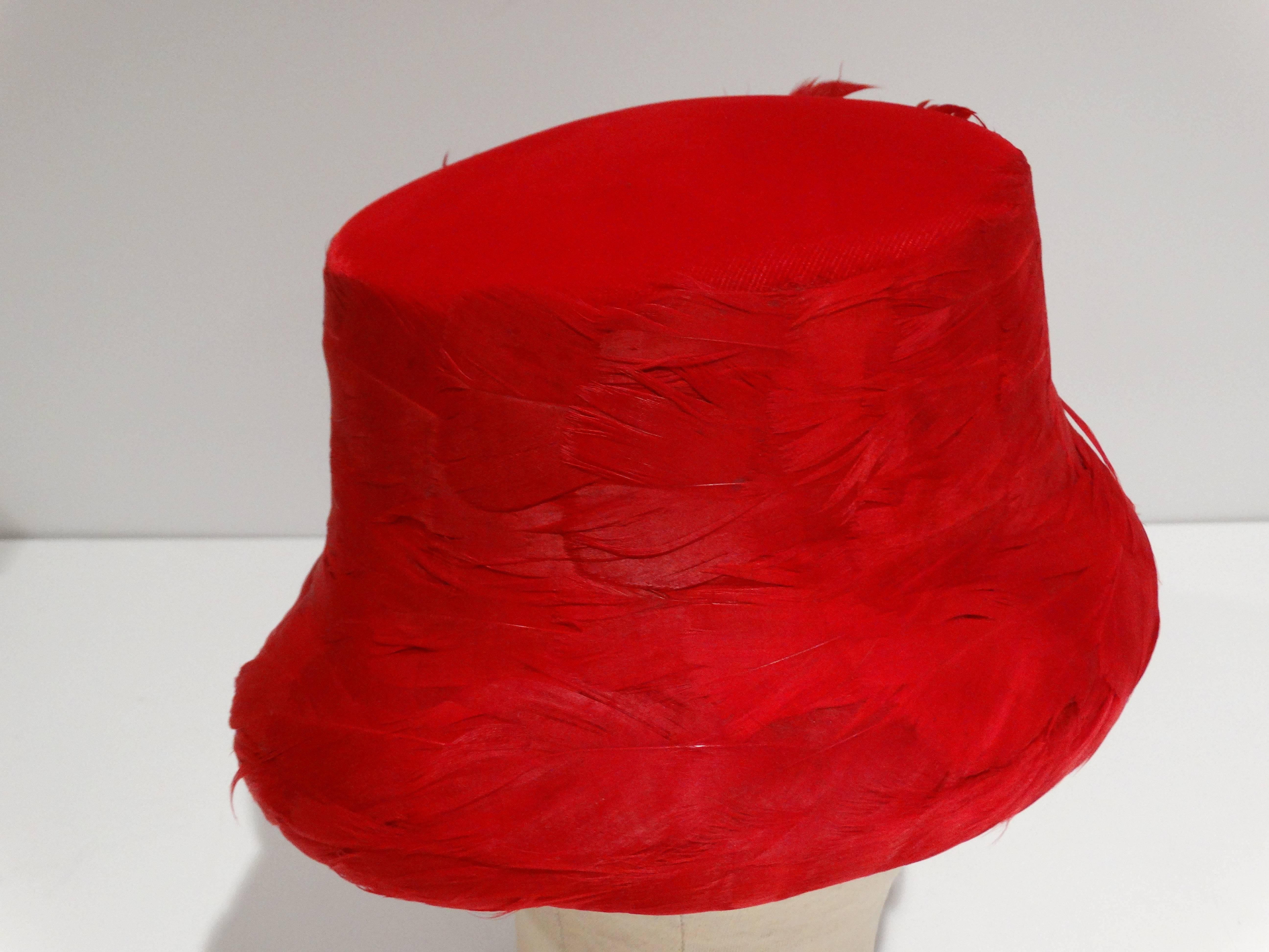 1950s Clover Lane Red Feathered Hat  3