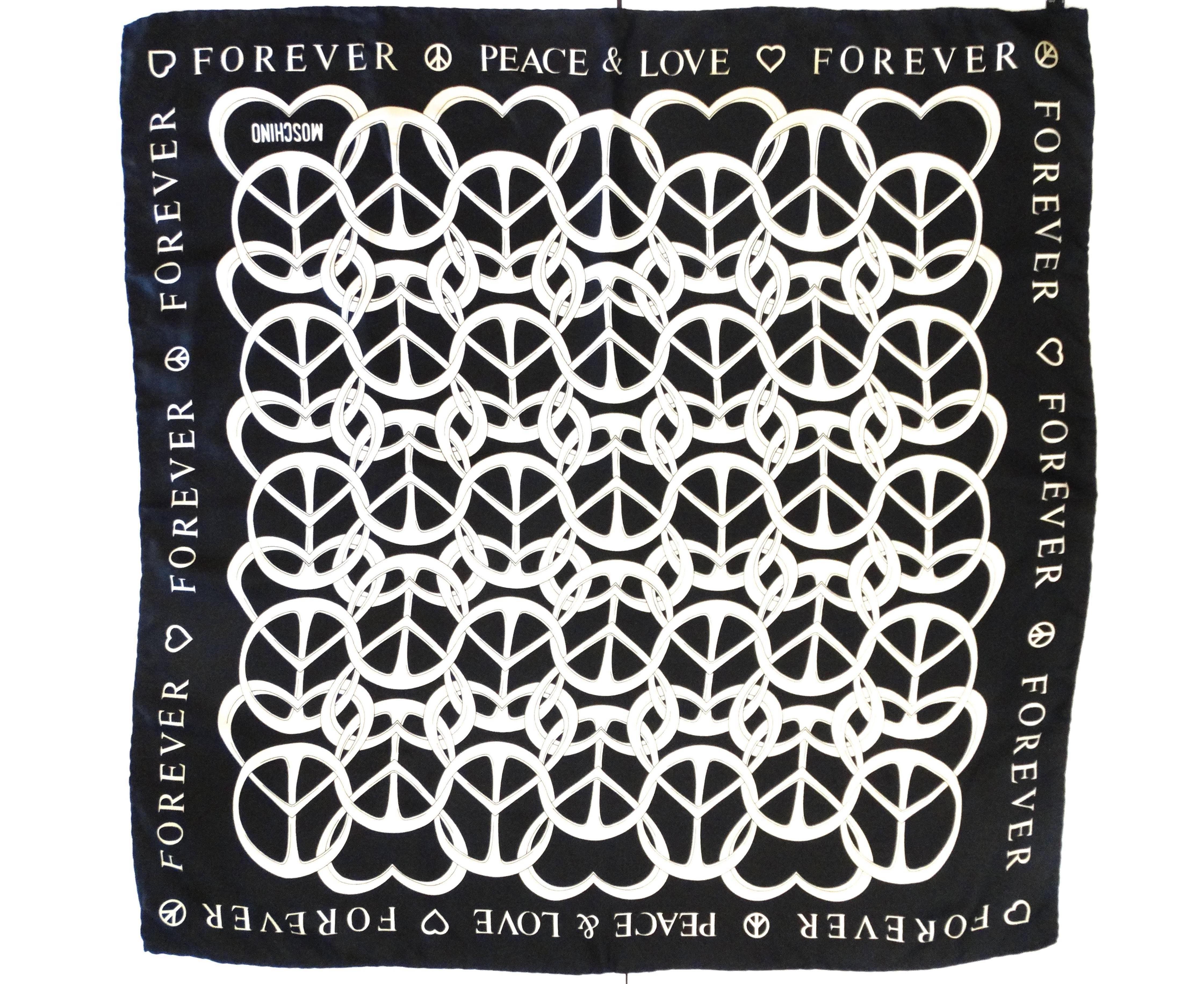 Black Moschino 90s 'Peace & Love Forever' Large Silk Scarf