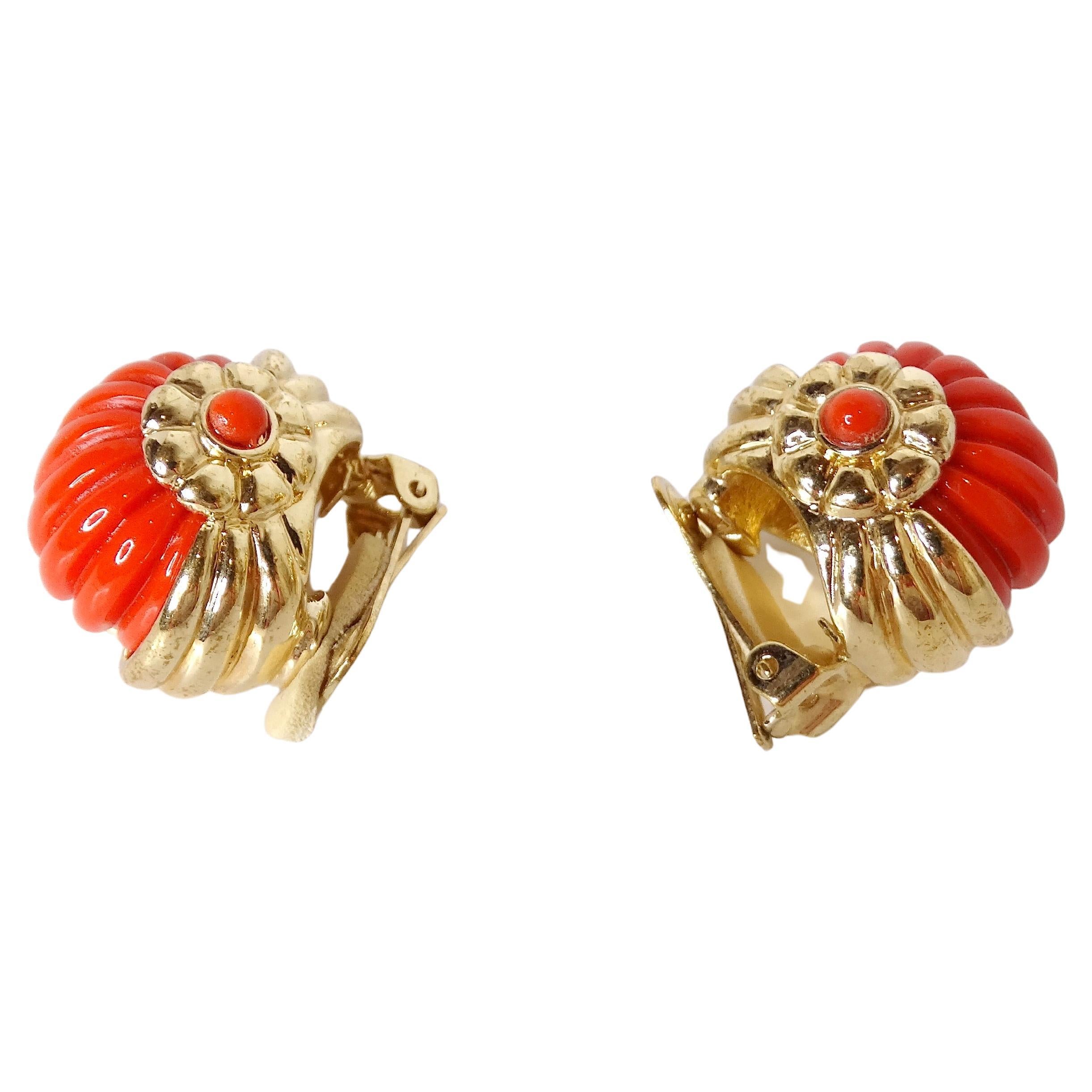 1960s Coral Acrylic & 14k Gold Plated Shell Motif Clip-On Earrings For Sale