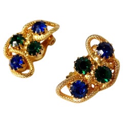 1960s Bulgari Inspired Blue & Green Crystal 18k Gold Plated Clip-On Earrings