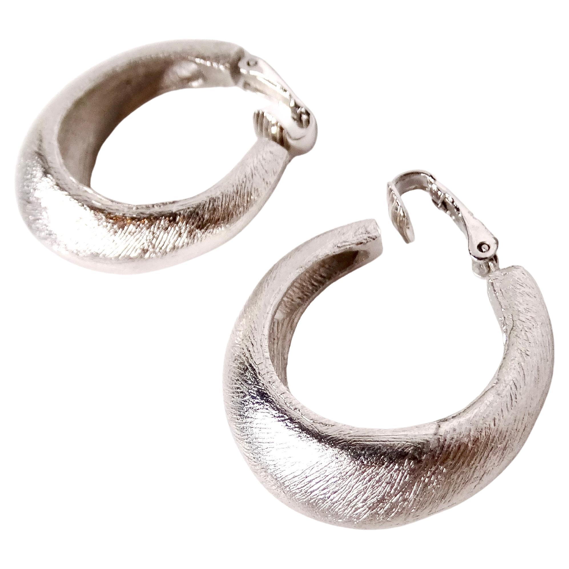 1980s Trifari Sterling Silver Textured Clip-On Hoop Earrings