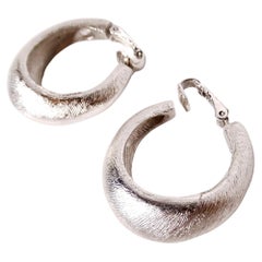 1980s Trifari Sterling Silver Textured Clip-On Hoop Earrings