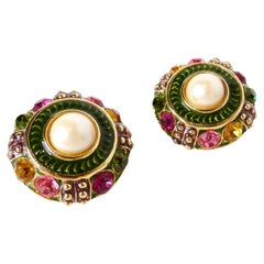 1980s Blanca Large Costume Bejeweled Enamel 14k Gold Plated Clip-On Earrings