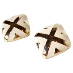 1980s Cream Enamel & 14k Gold Plated Chunky Square Clip-On Earrings
