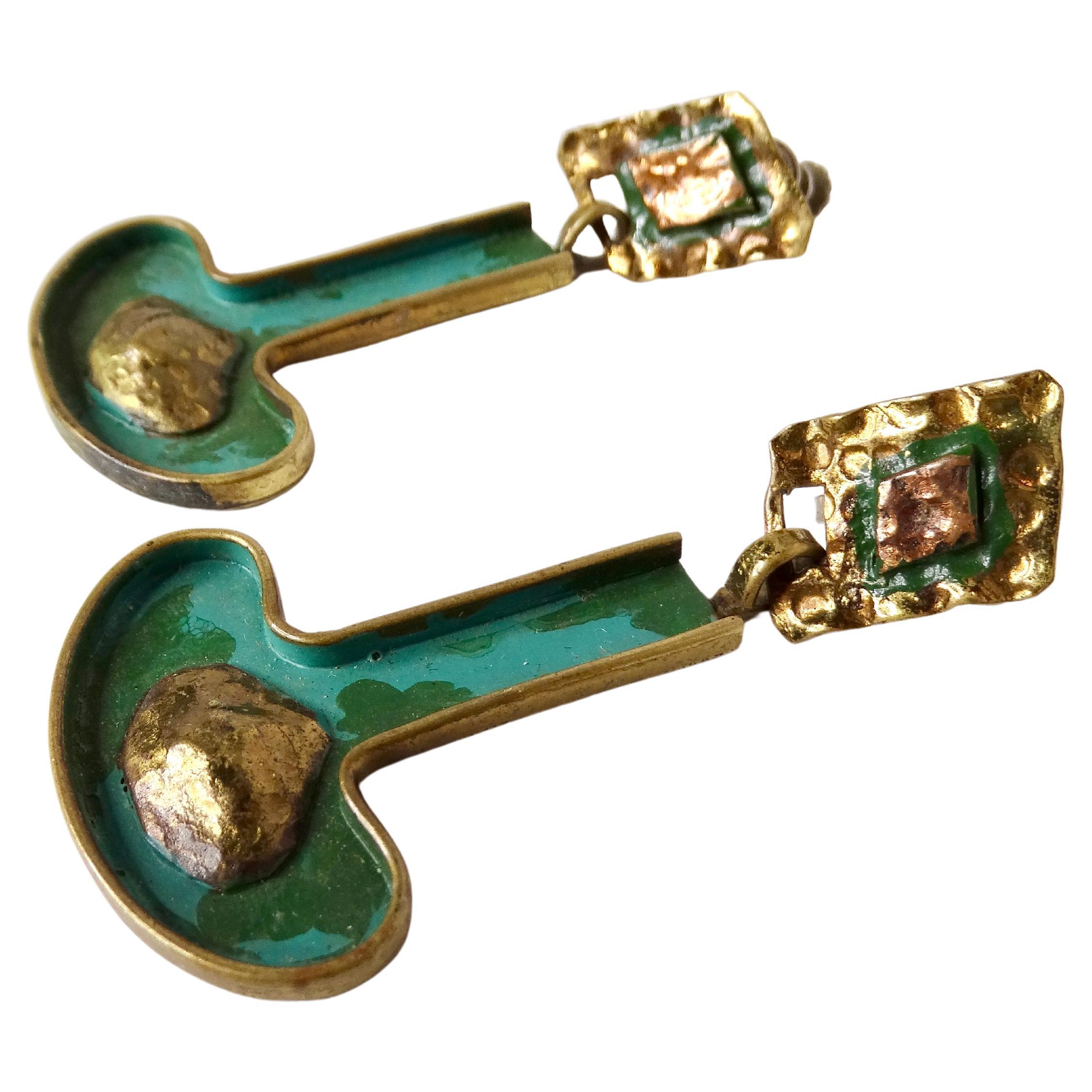Mid-Century Casa Maya Hammered Brass Modernist Earrings For Sale