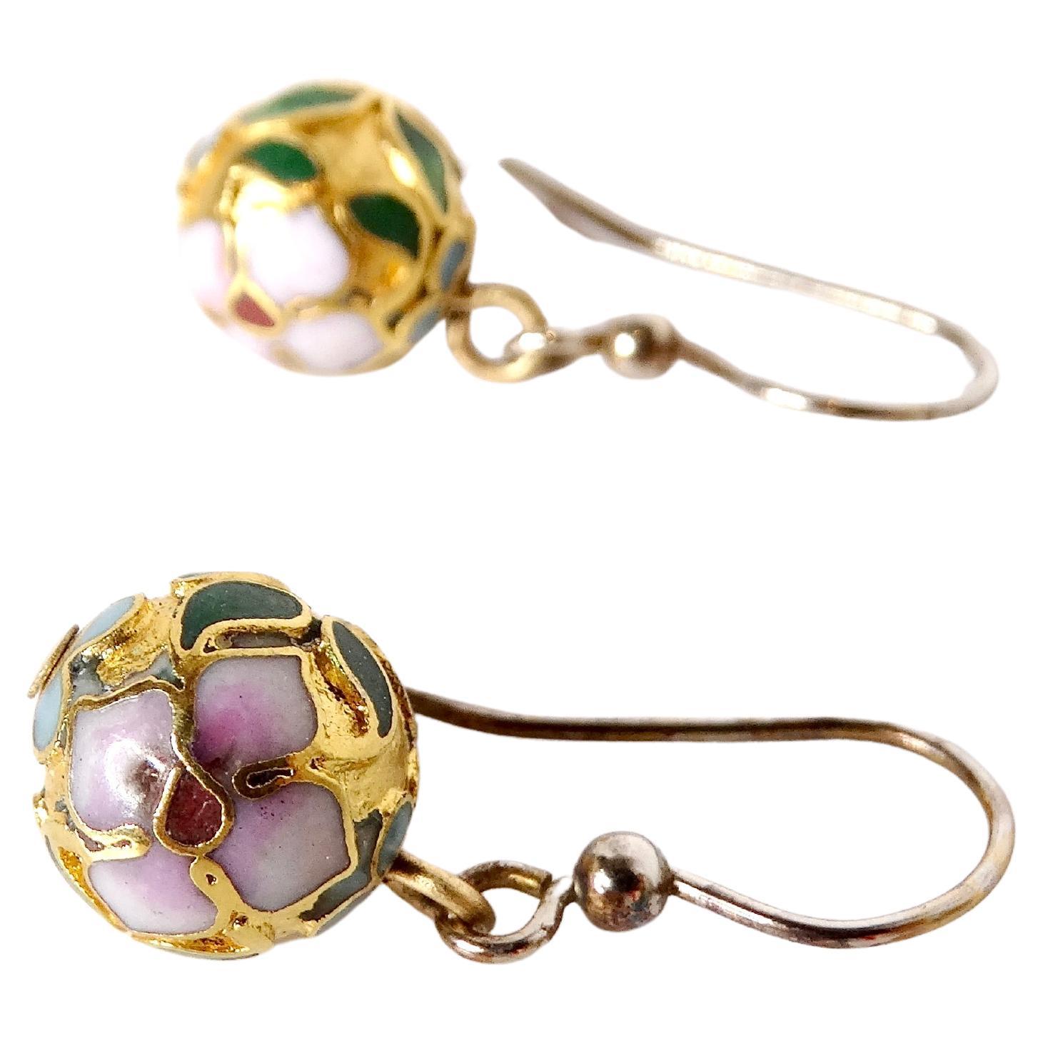 Vintage Cloisonné Enamel 14k Gold Plated Champleve Ball Dangle Earrings For Sale