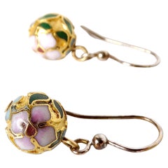 Vintage Cloisonné Enamel 14k Gold Plated Champleve Ball Dangle Earrings