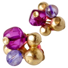 Retro Purple Beaded Cluster 14k Gold Plated Clip-On Earrings