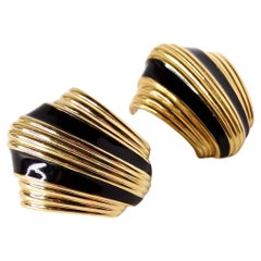 Vintage 1980s David Webb Inspired Black Enamel 18k Gold Plated Striped Earrings