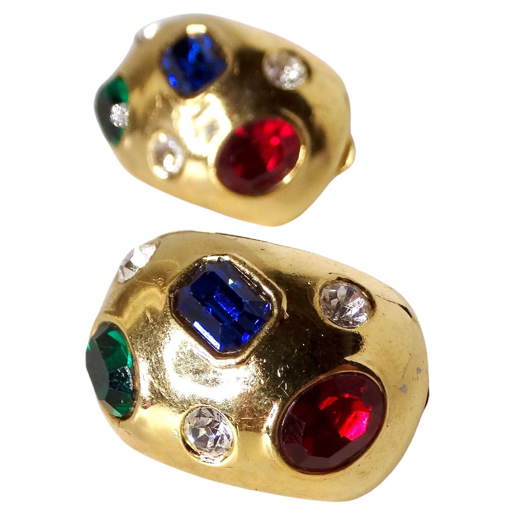 1980s Ciner Chunky Costume Gemstone 14k Gold Plated Clip-On Earrings
