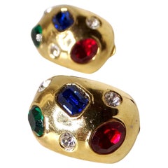 1980s Ciner Chunky Costume Gemstone 14k Gold Plated Clip-On Earrings