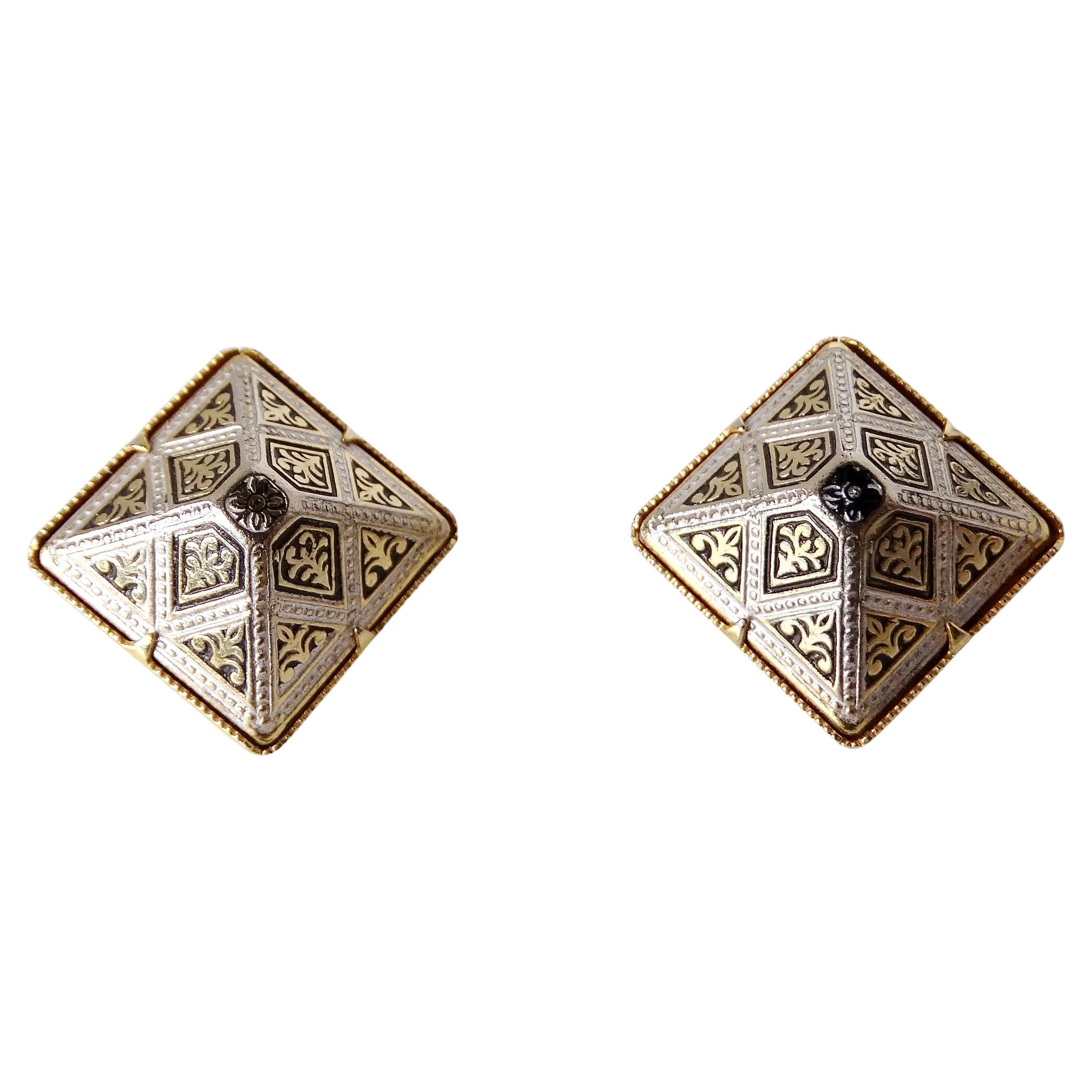 Vintage Spanish Damascene Black & 14k Gold Plated Pyramid Earrings For Sale