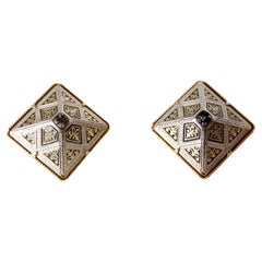 Antique Spanish Damascene Black & 14k Gold Plated Pyramid Earrings