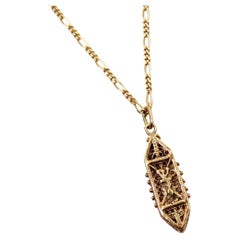 Vintage 14k Gold Chain Link Filigree Mezuzah Pendant Necklace circa 1990s