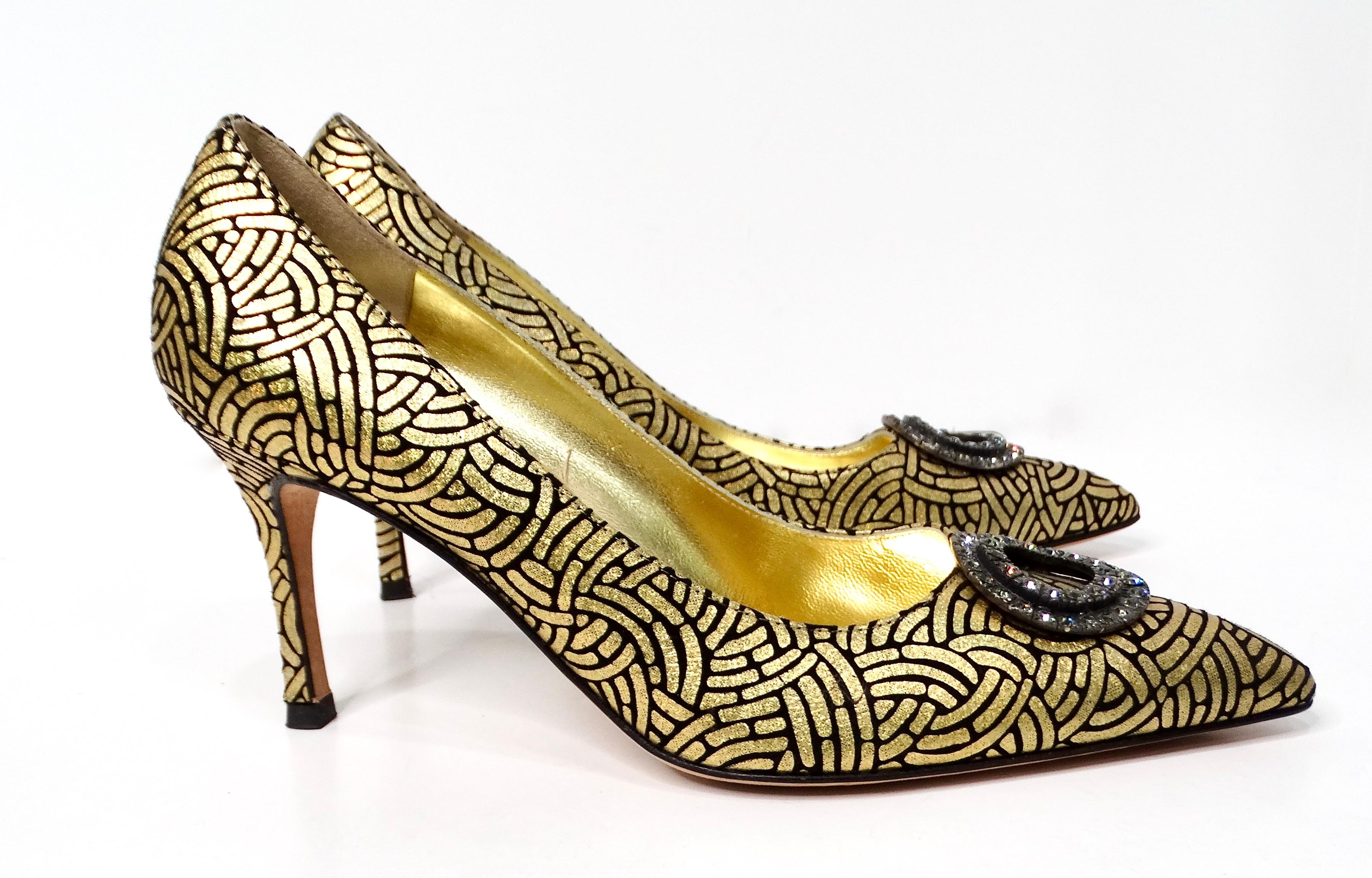 Manolo Blahnik Pumps Jewell stampate in camoscio oro e nero, circa Y2K in vendita 2