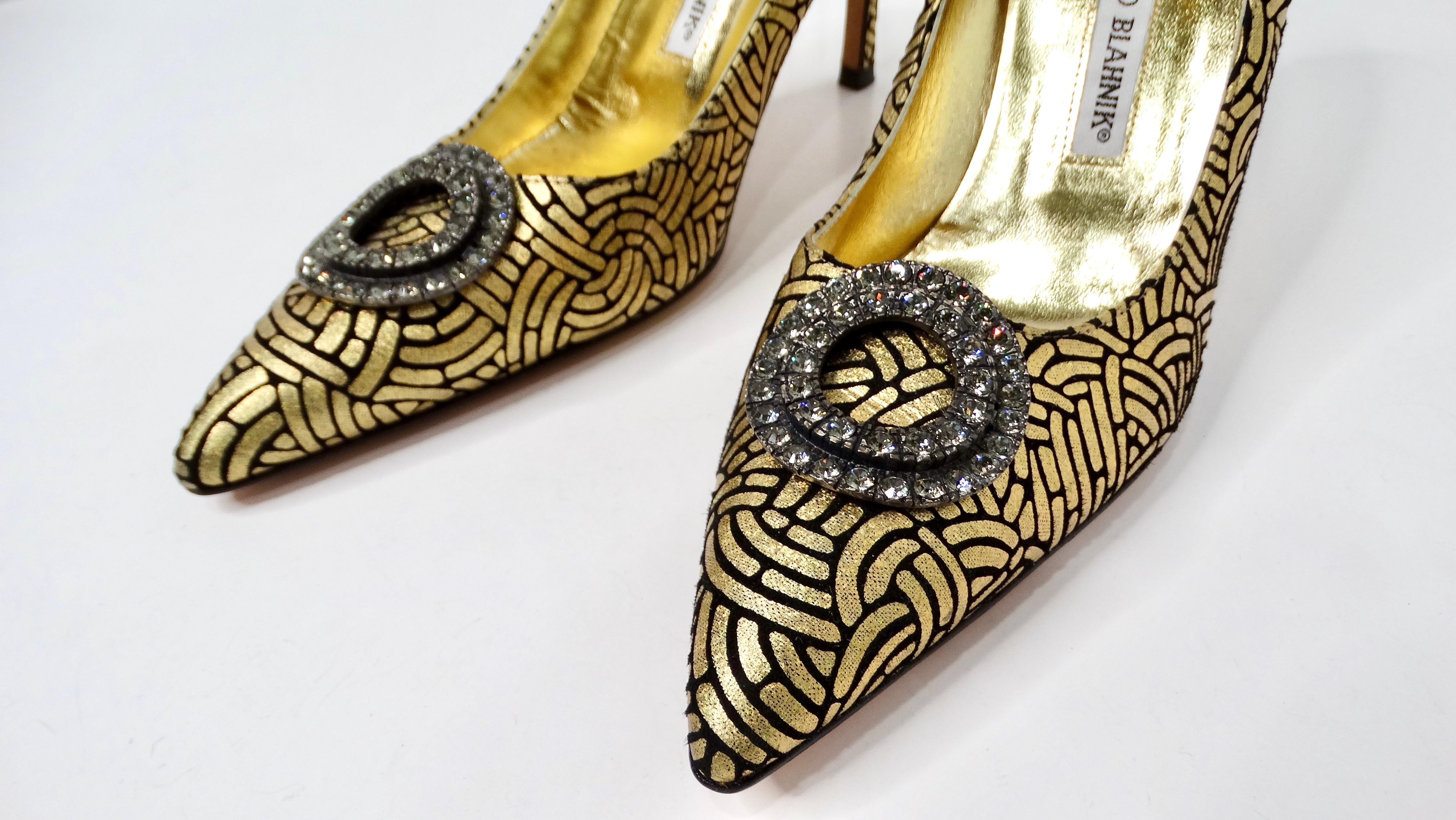 Manolo Blahnik Pumps Jewell stampate in camoscio oro e nero, circa Y2K In condizioni buone in vendita a Scottsdale, AZ