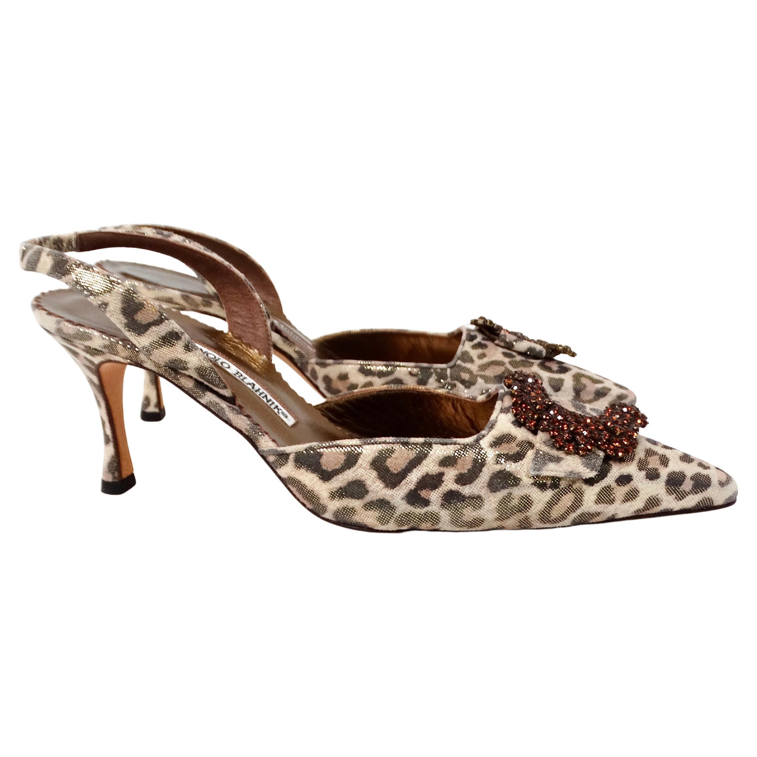 Brown Manolo Blahnik Metallic Leopard Print Suede Slingback Pumps circa Y2K For Sale