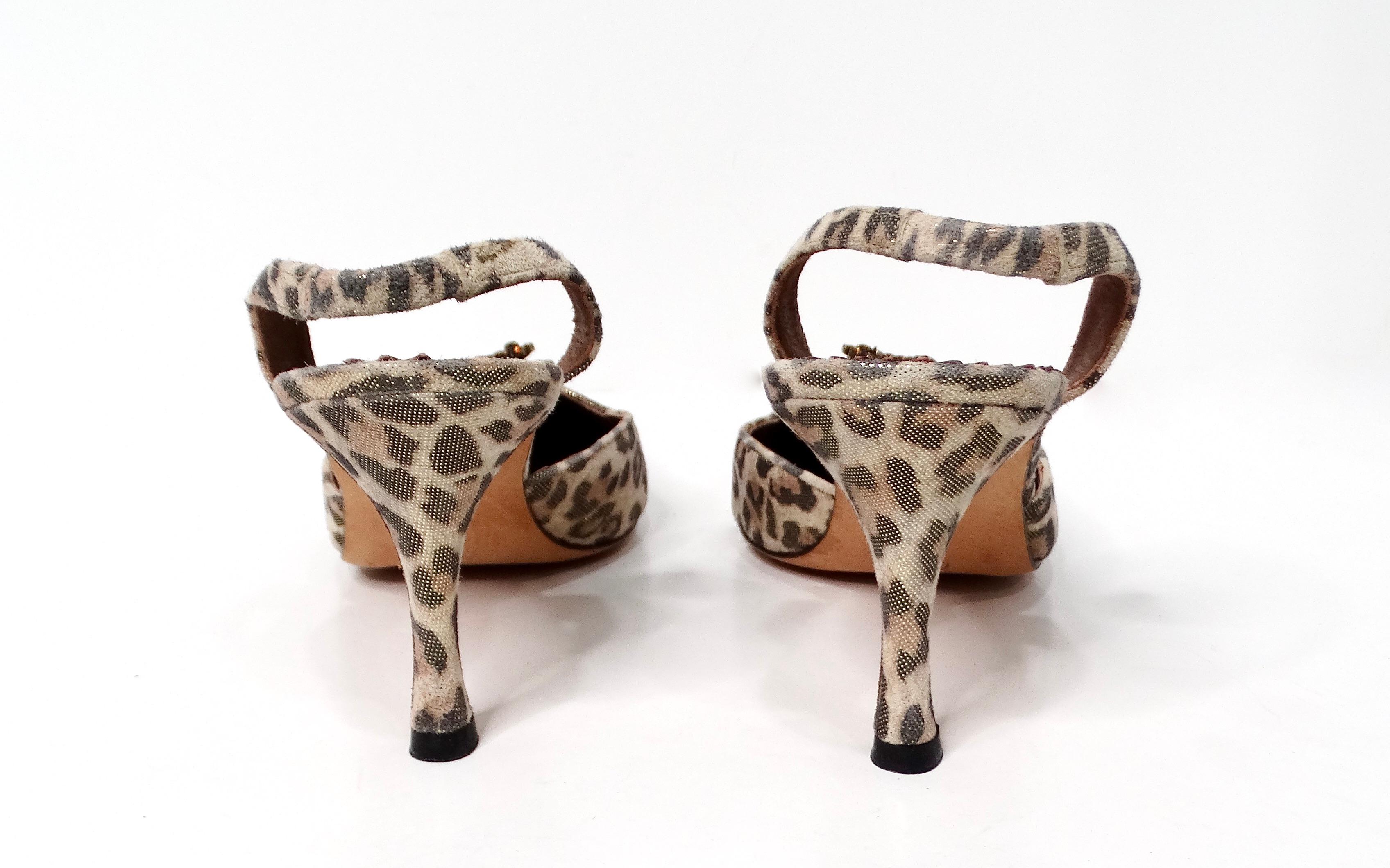 Manolo Blahnik Metallic Leopard Print Suede Slingback Pumps circa Y2K In Good Condition For Sale In Scottsdale, AZ